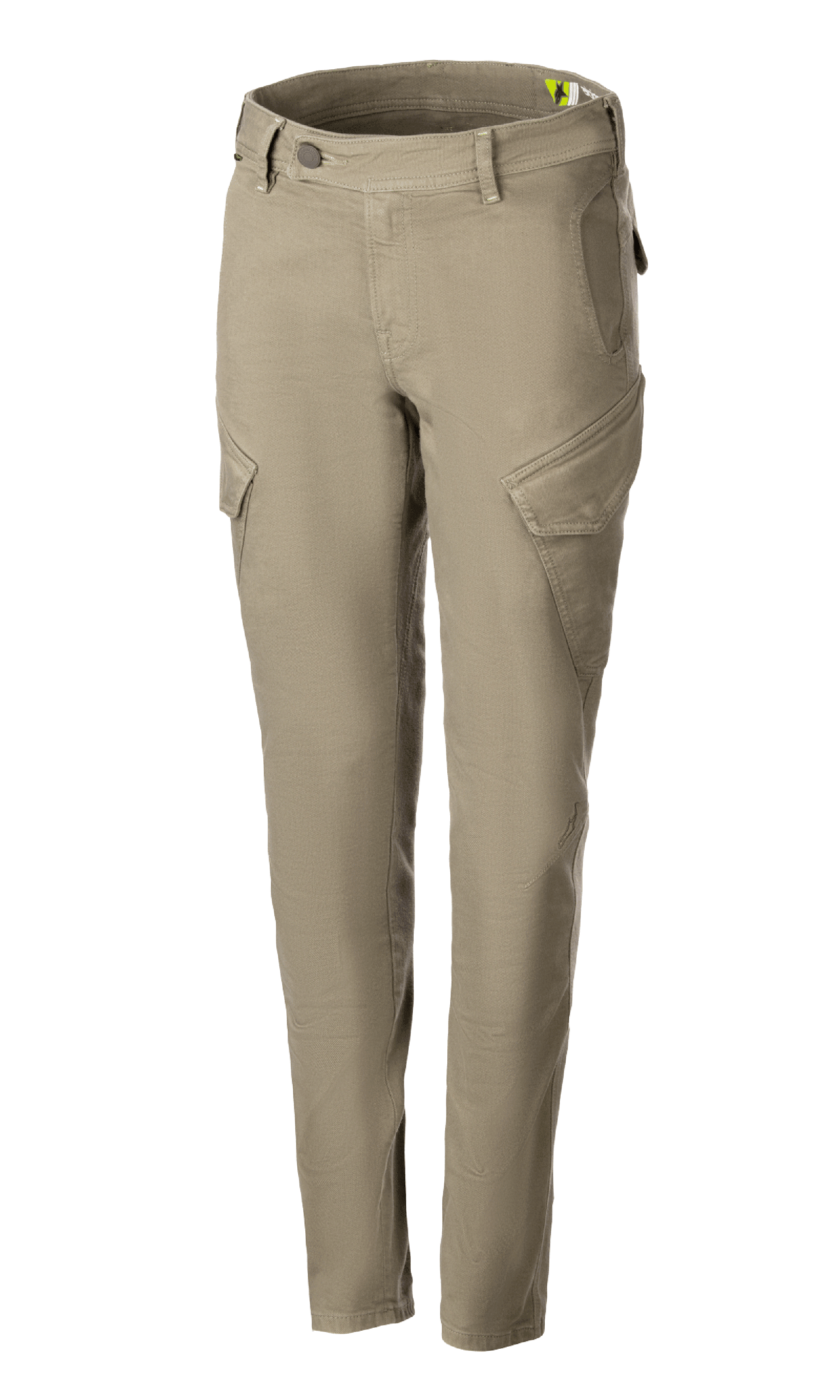 Alpinestars Caliber Women's Tech Riding Denim, pantaloni da moto da donna, verde militare, stile combat con tasche cargo angolate, vestibilità slim affusolata, passanti per cintura, chiusura con bottone e zip, resistente tessuto Cordura elasticizzato per la guida urbana