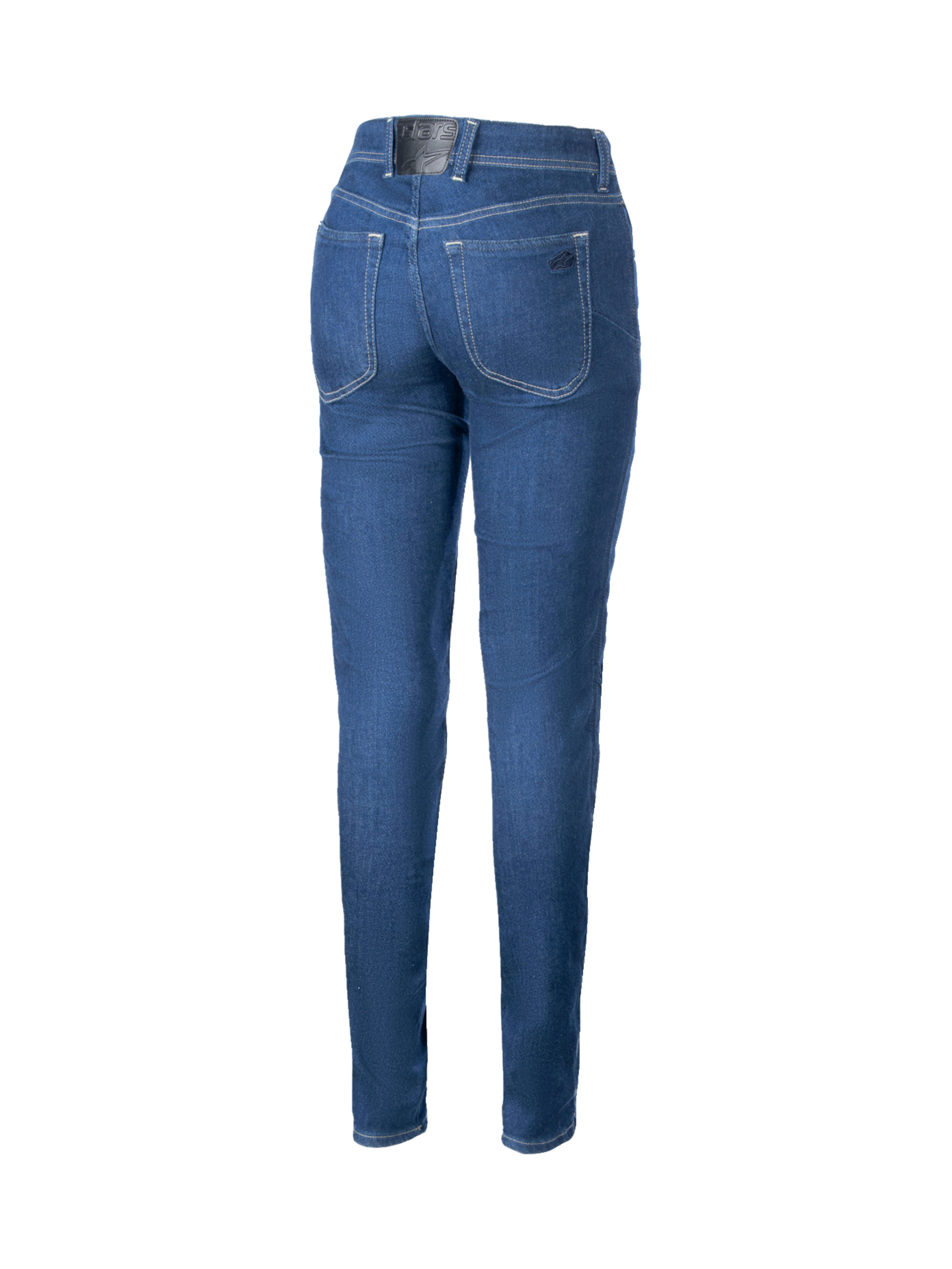 Alpinestars Jeans Da Moto Daisy V3, jeans moto da donna con vestibilità slim fit, blu, in denim elasticizzato con rinforzi in fibra aramidica e tasche per protezioni, vista posteriore su sfondo nero