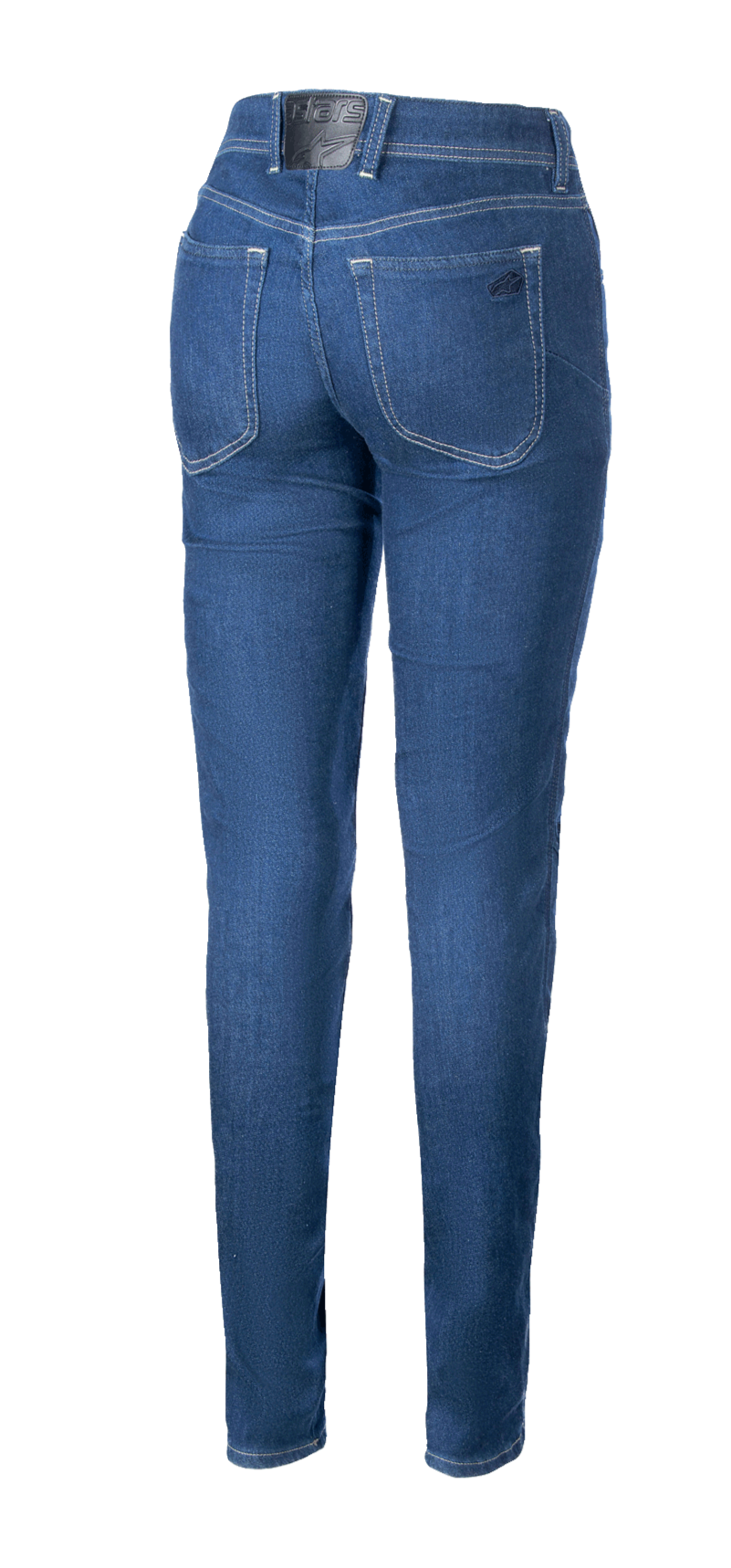 Alpinestars Daisy V3 Women's Riding Denim, Rinse Blue, vista posteriore che mostra la vestibilità slim, due tasche posteriori e patch nera con logo sul girovita, abbigliamento moto casual urbano