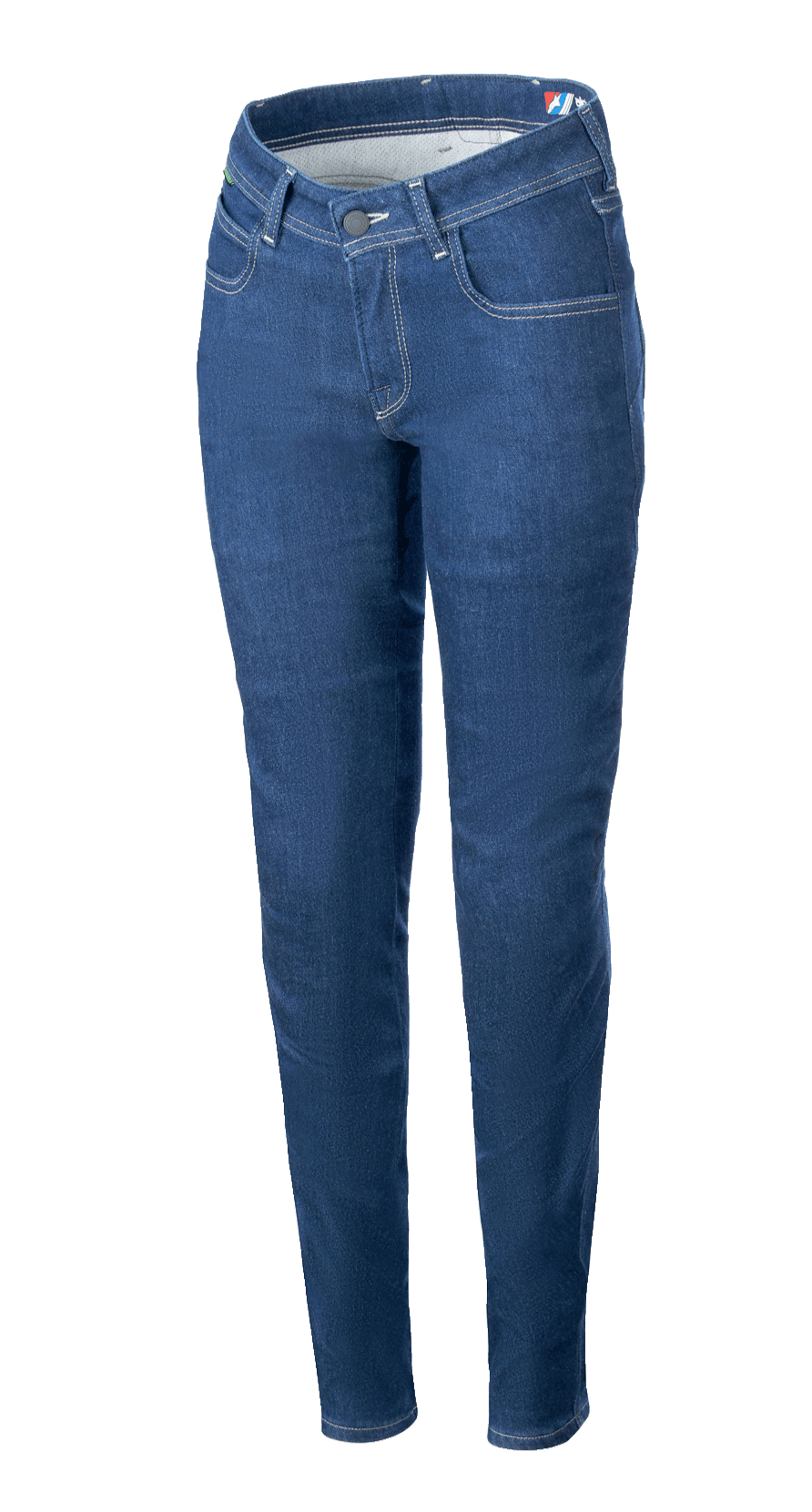 Alpinestars Daisy V3, jeans da moto da donna, denim blu scuro, vestibilità slim, design classico a cinque tasche, cuciture a contrasto, profilo a vita alta e gamba affusolata