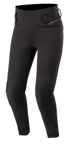 Alpinestars Banshee Women's Leggings, neri, leggings da moto aderenti con pannelli rinforzati a coste sulle ginocchia, passanti per cintura e design a vita alta, look sportivo ed elegante per la guida urbana su strada