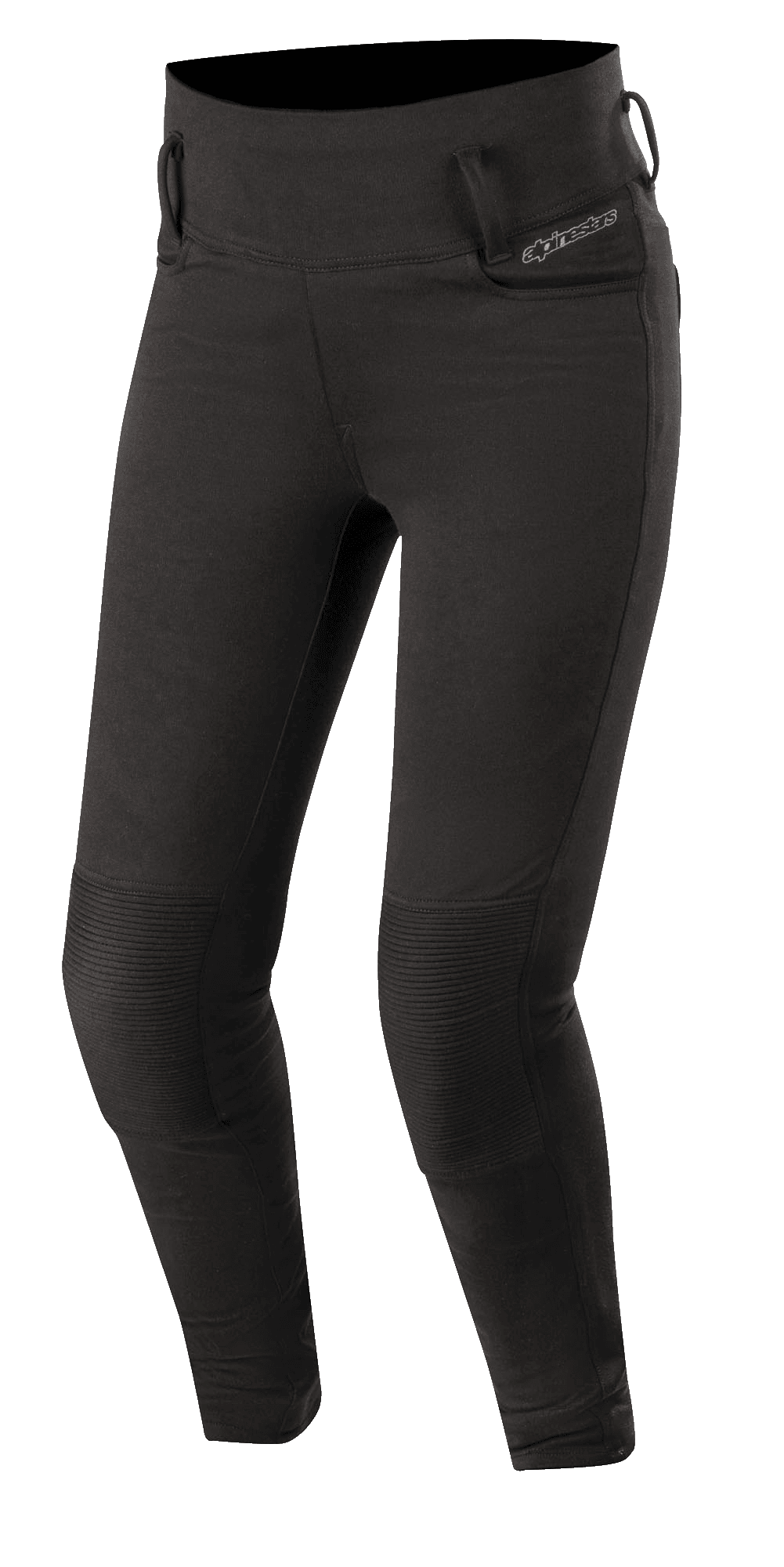 Alpinestars Banshee Women's Leggings, neri, leggings da moto aderenti con pannelli rinforzati a coste sulle ginocchia, passanti per cintura e design a vita alta, look sportivo ed elegante per la guida urbana su strada