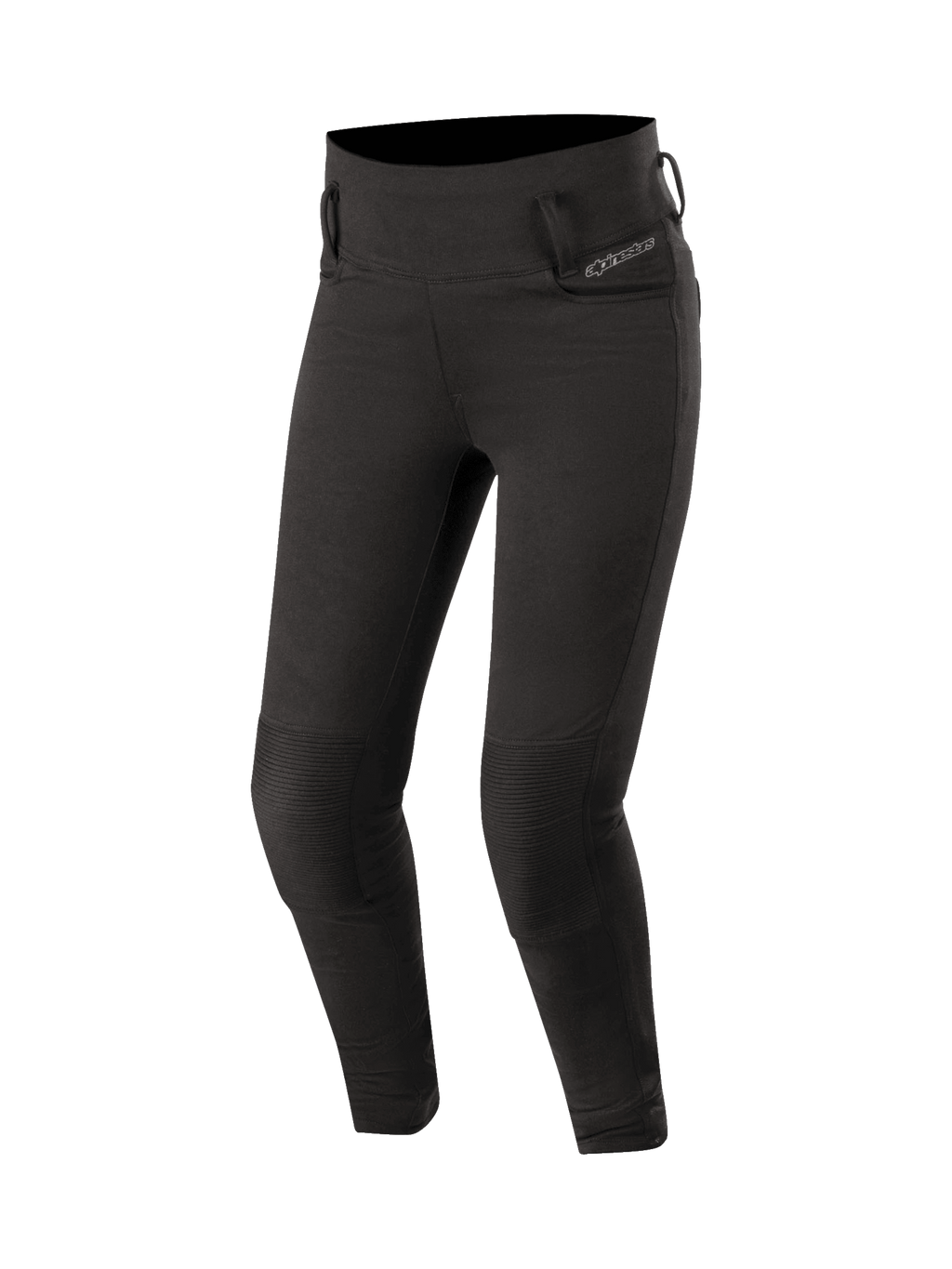 Alpinestars Leggings Banshee, leggings da moto da donna in nero, inserti a fisarmonica sulle ginocchia, protezioni certificate CE, stile urban casual in tessuto elastico con fodera aramidica