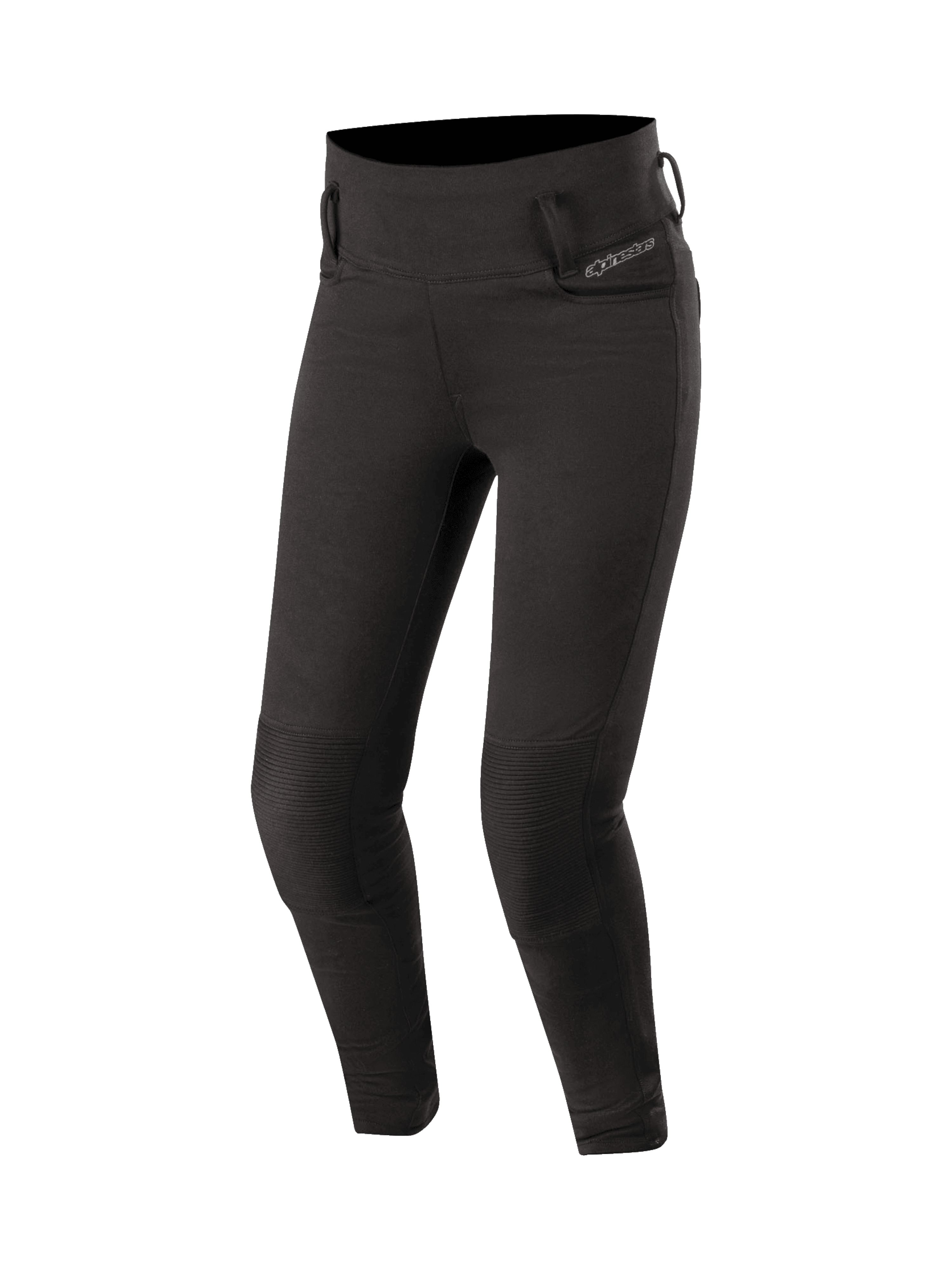 Alpinestars Leggings Banshee, leggings da moto da donna in nero, inserti a fisarmonica sulle ginocchia, protezioni certificate CE, stile urban casual in tessuto elastico con fodera aramidica