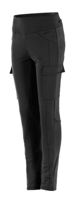 Alpinestars Women's Iria Leggings, leggings da moto neri, vestibilità slim a vita alta, tasca cargo laterale con chiusura a patta, logo discreto sul fianco, struttura in tessuto resistente per la guida urbana