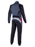 Alpinestars KMX-9 V3 Graphic 6 Suit, tuta da kart grigia e nera con accenti rossi, vista posteriore con schiena a motivi grafici, marchio Alpinestars bianco sulla parte inferiore della schiena e pannelli ergonomici per prestazioni nel motorsport.