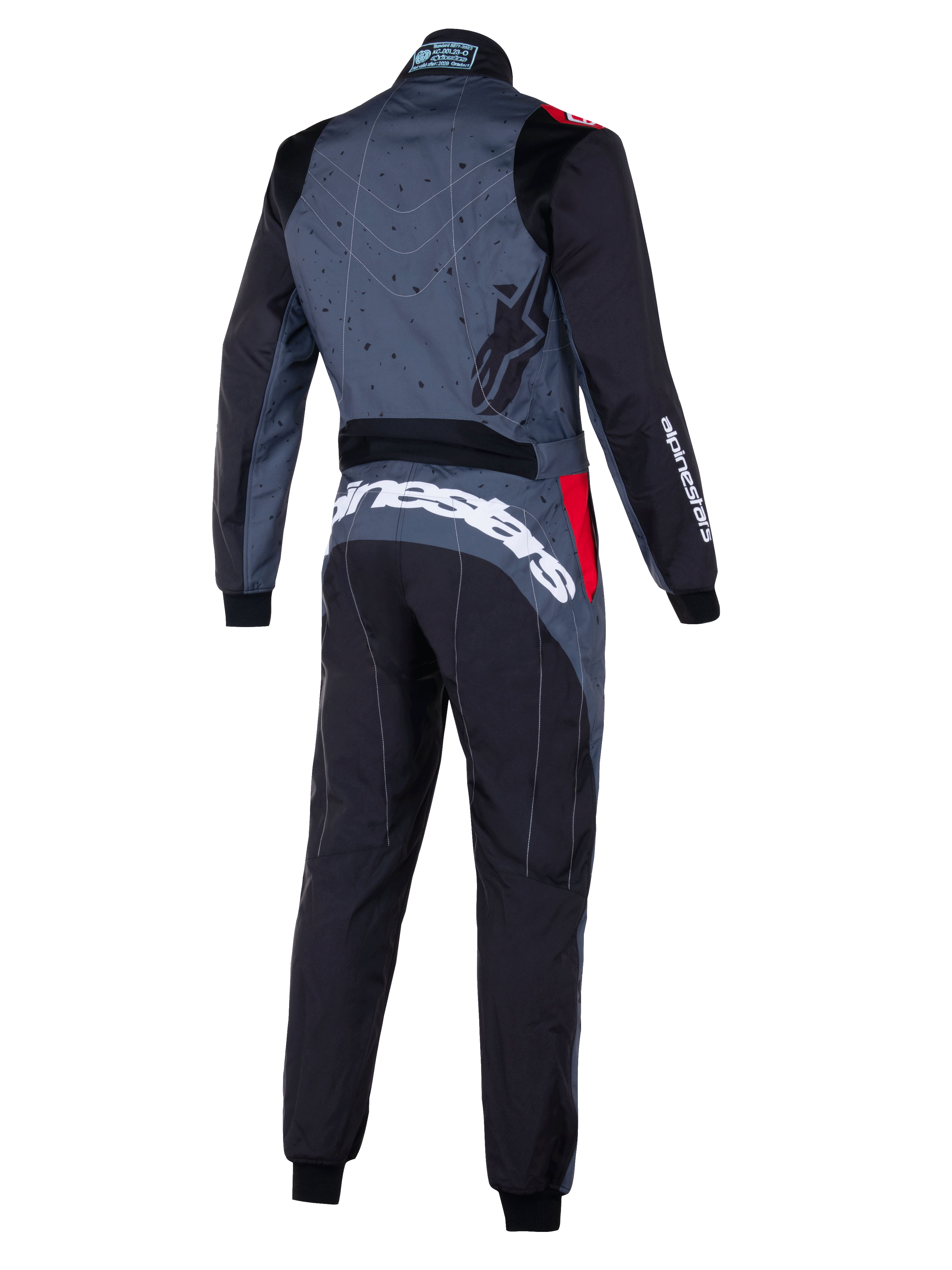 Alpinestars KMX-9 V3 Graphic 6 Suit, tuta da kart grigia e nera con accenti rossi, vista posteriore con schiena a motivi grafici, marchio Alpinestars bianco sulla parte inferiore della schiena e pannelli ergonomici per prestazioni nel motorsport.