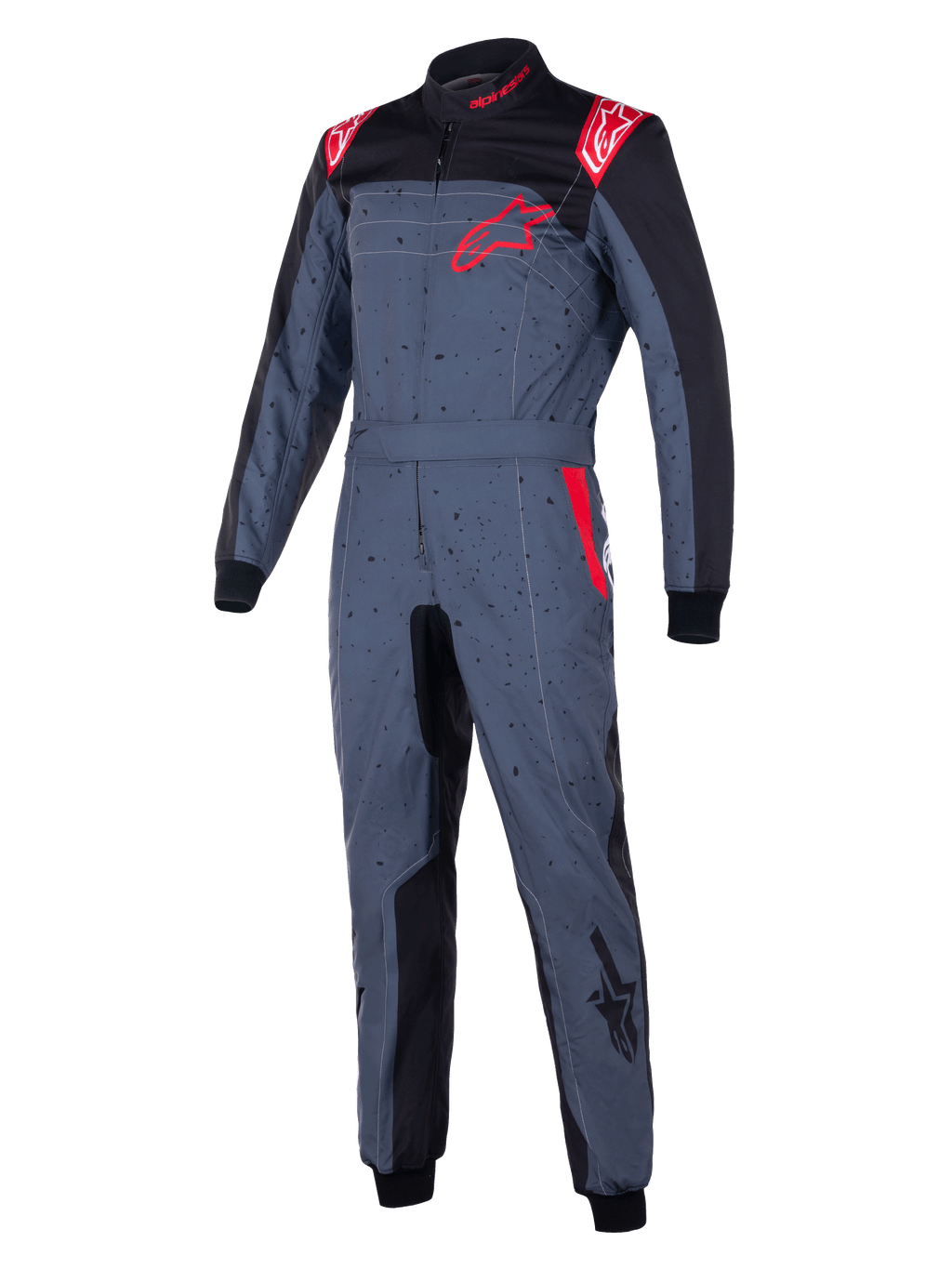 Tuta Alpinestars KMX-9 V3 Graphic 6, tuta da kart, grigio antracite con accenti neri e rossi, design grafico puntinato, logo a stella rosso sul petto, pannelli interni neri e dettagli rossi sulle spalle, abbigliamento professionale da motorsport