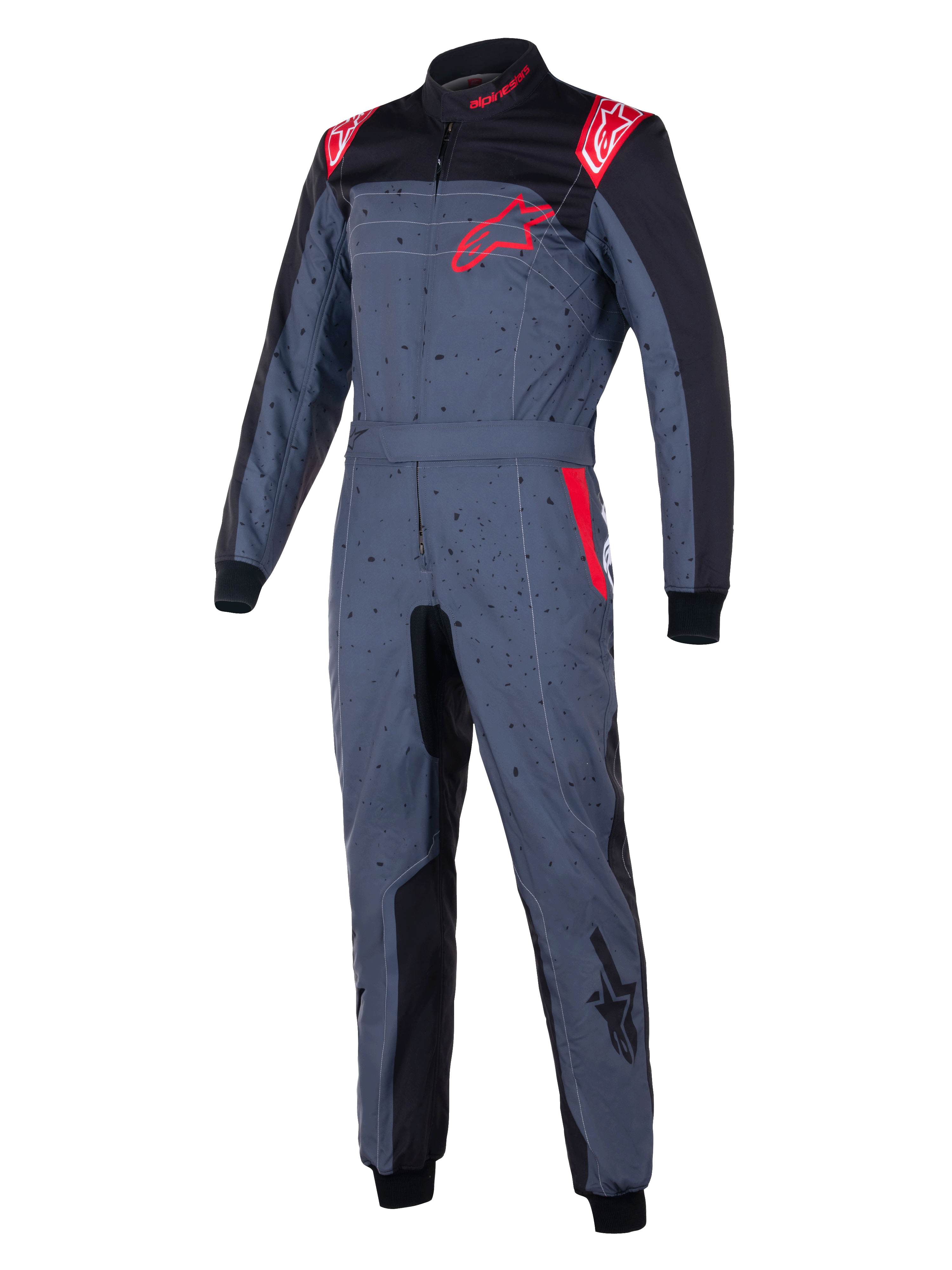 Tuta Alpinestars KMX-9 V3 Graphic 6, tuta da kart, grigio antracite con accenti neri e rossi, design grafico puntinato, logo a stella rosso sul petto, pannelli interni neri e dettagli rossi sulle spalle, abbigliamento professionale da motorsport