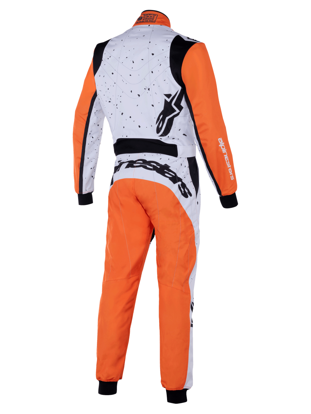 Tuta Alpinestars KMX-9 V3 Graphic 6, tuta da kart, bianco arancione nero, vista posteriore con grafica punteggiata sulla parte superiore bianca, maniche e gambe arancioni, pannelli elasticizzati neri e logo Alpinestars in evidenza.