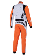 Tuta Alpinestars KMX-9 V3 Graphic 6, tuta da kart, bianco arancione nero, vista posteriore con grafica punteggiata sulla parte superiore bianca, maniche e gambe arancioni, pannelli elasticizzati neri e logo Alpinestars in evidenza.