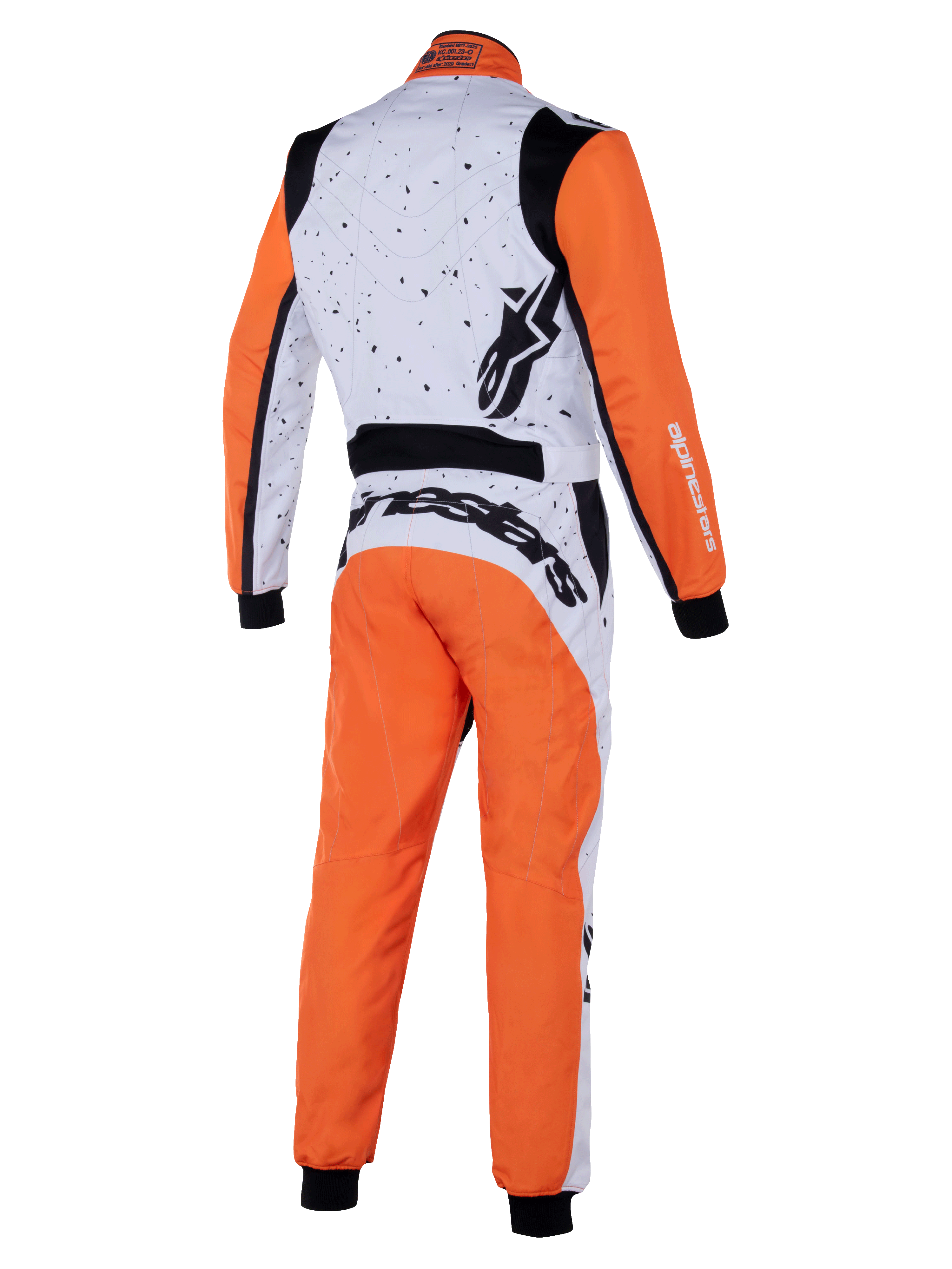 Tuta Alpinestars KMX-9 V3 Graphic 6, tuta da kart, bianco arancione nero, vista posteriore con grafica punteggiata sulla parte superiore bianca, maniche e gambe arancioni, pannelli elasticizzati neri e logo Alpinestars in evidenza.