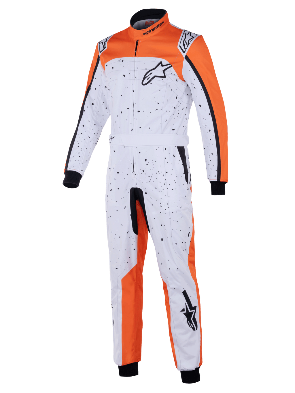 Tuta Alpinestars KMX-9 V3 Graphic 6, tuta da kart, bianco, arancione e nero con motivo splatter nero, loghi Astar su petto e gamba, polsini in maglia e cintura regolabile, progettata per la protezione nelle gare di kart
