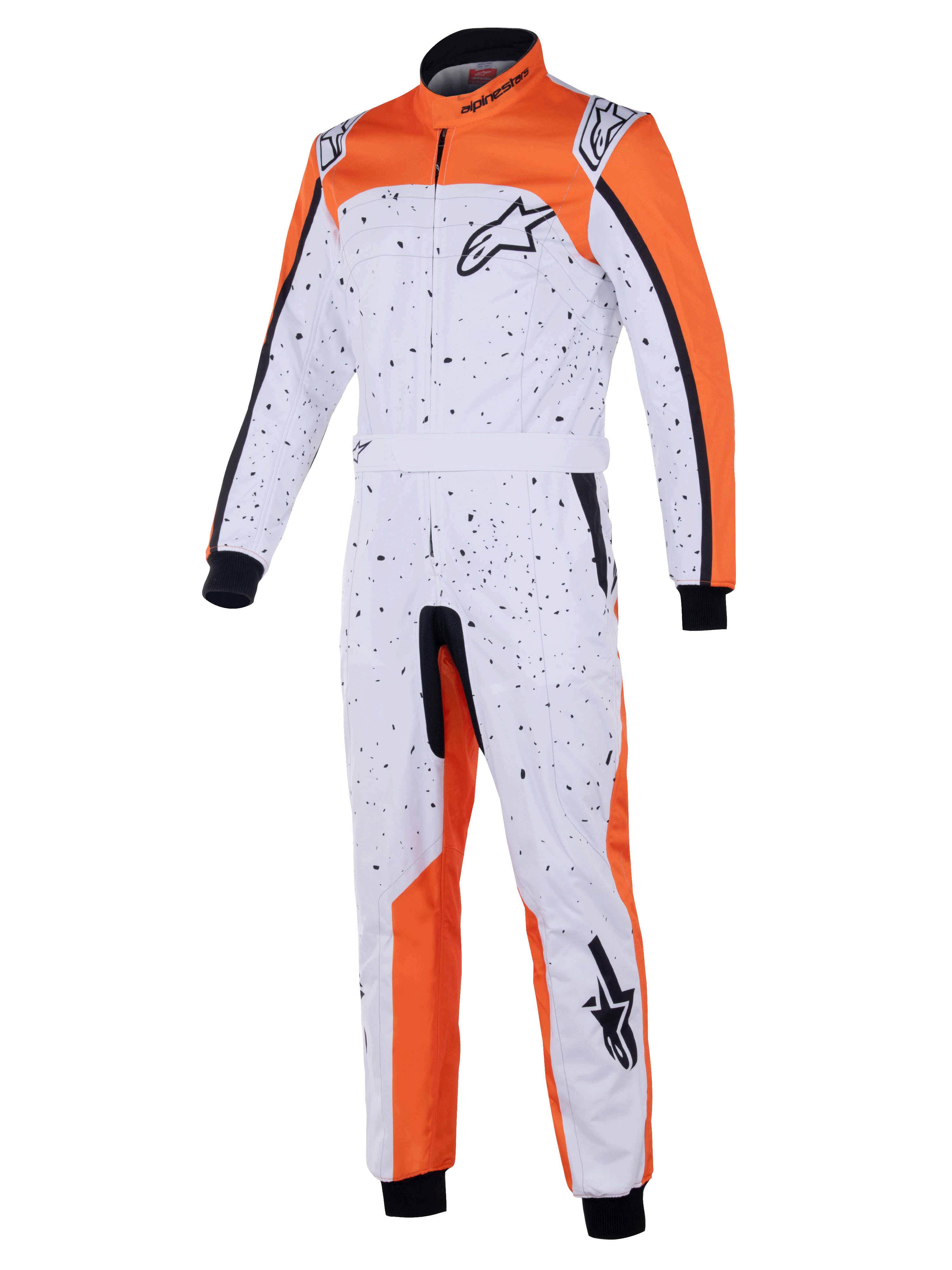 Tuta Alpinestars KMX-9 V3 Graphic 6, tuta da kart, bianco, arancione e nero con motivo splatter nero, loghi Astar su petto e gamba, polsini in maglia e cintura regolabile, progettata per la protezione nelle gare di kart