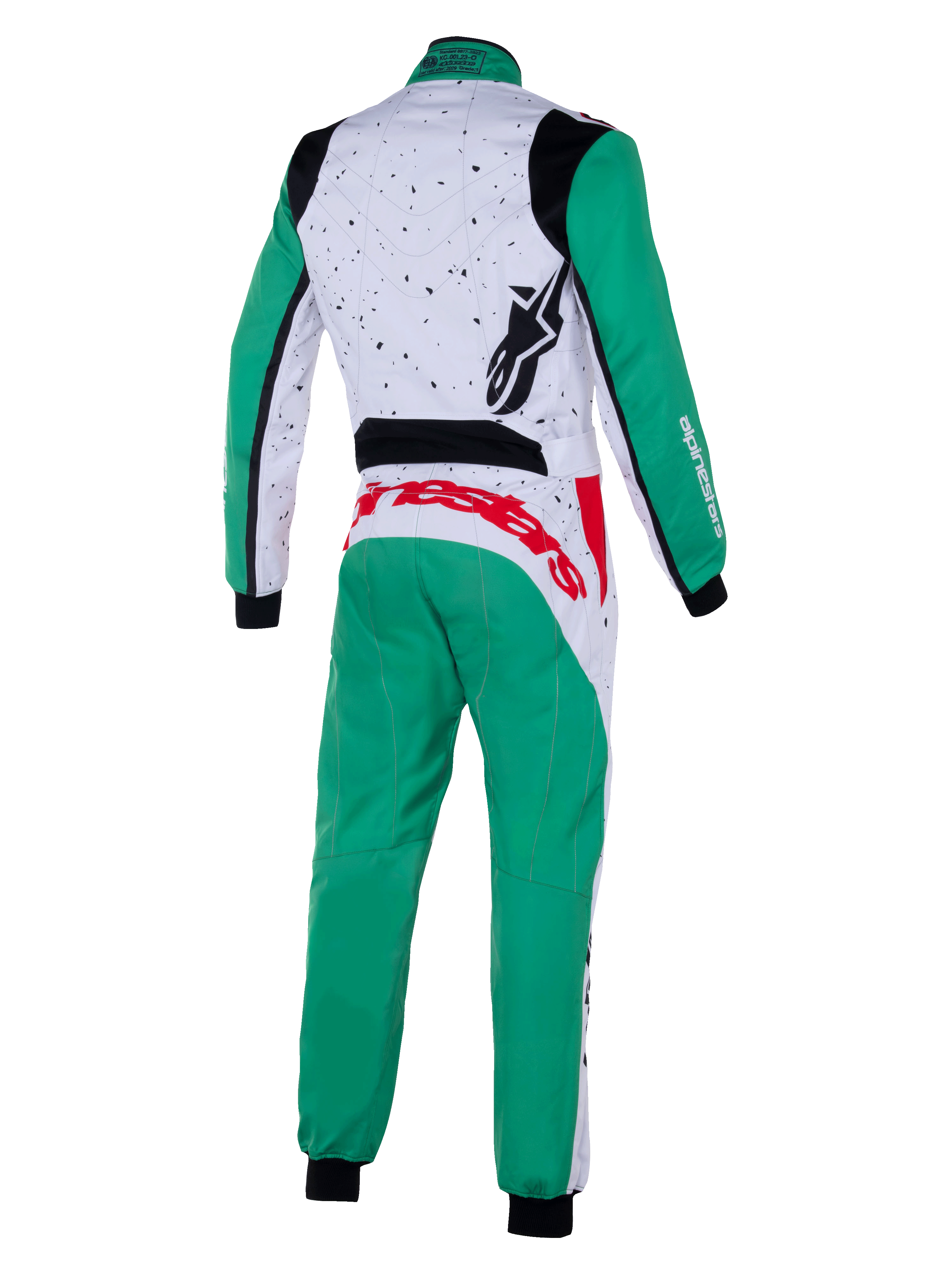 Alpinestars KMX-9 V3 Graphic 6 Suit, tuta da kart, bianco verde e rosso, vista posteriore, con motivo grafico puntinato sulla parte superiore della schiena, gambe e maniche verdi, marchio rosso acceso sulla parte bassa della schiena e pannelli elasticizzati neri