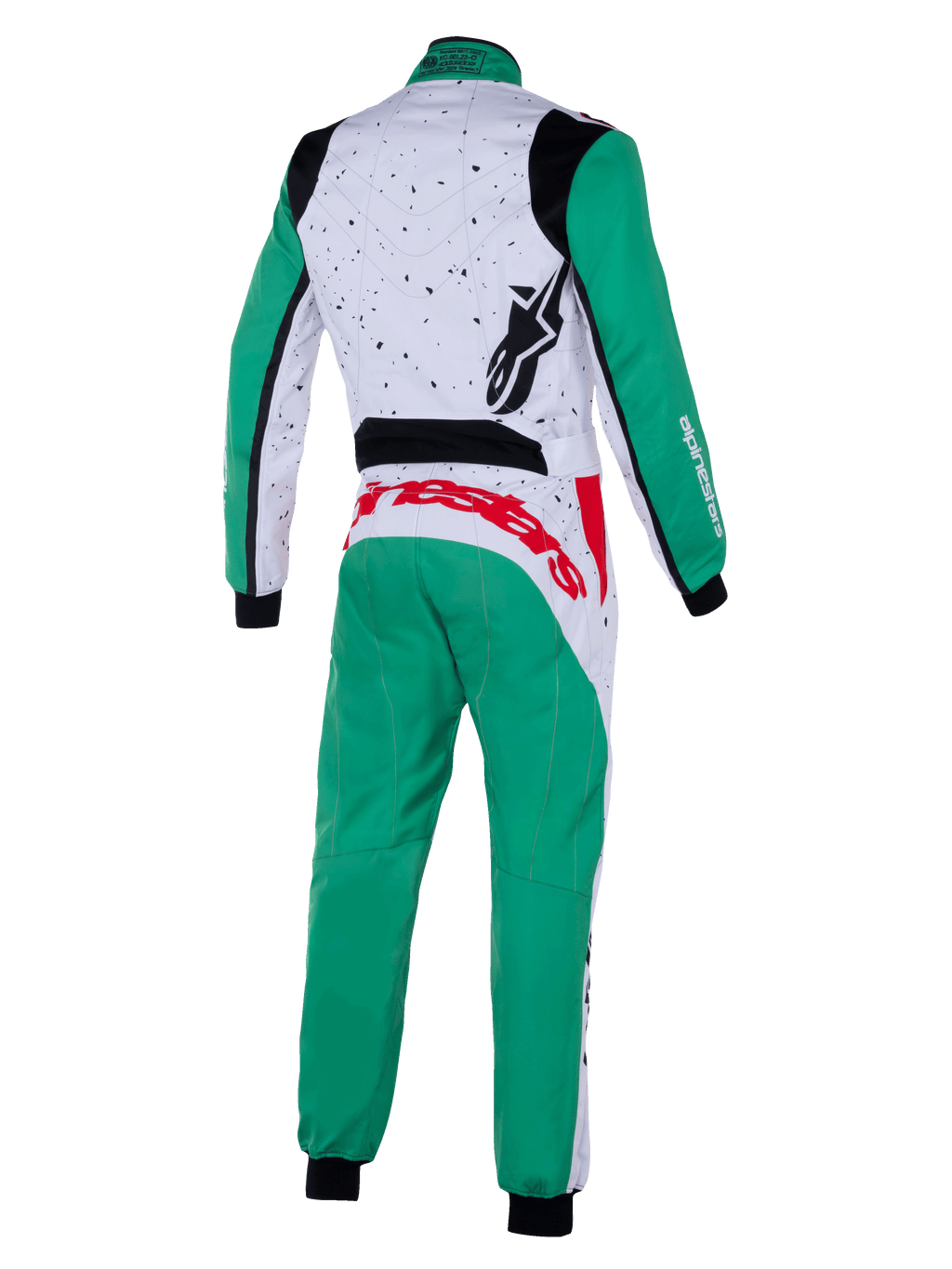 Alpinestars Tuta Youth KMX-9 V3 Graphic 6, tuta da karting, bianco, verde e rosso, vista posteriore, con maniche e pantaloni verdi, parte superiore della schiena bianca con grafiche puntinate nere, marchio Alpinestars rosso in vita, logo nero sulla spalla, abbigliamento professionale da karting