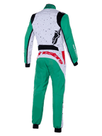 Alpinestars Tuta Youth KMX-9 V3 Graphic 6, tuta da karting, bianco, verde e rosso, vista posteriore, con maniche e pantaloni verdi, parte superiore della schiena bianca con grafiche puntinate nere, marchio Alpinestars rosso in vita, logo nero sulla spalla, abbigliamento professionale da karting