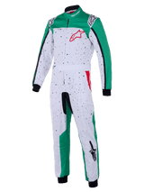 Tuta Alpinestars KMX-9 V3 Graphic 6, tuta da kart, bianco, verde e rosso, corpo bianco con grafica nera a puntini, pannelli laterali verdi sulle gambe e sulle spalle, logo Alpinestars rosso sul petto, polsini e caviglie neri