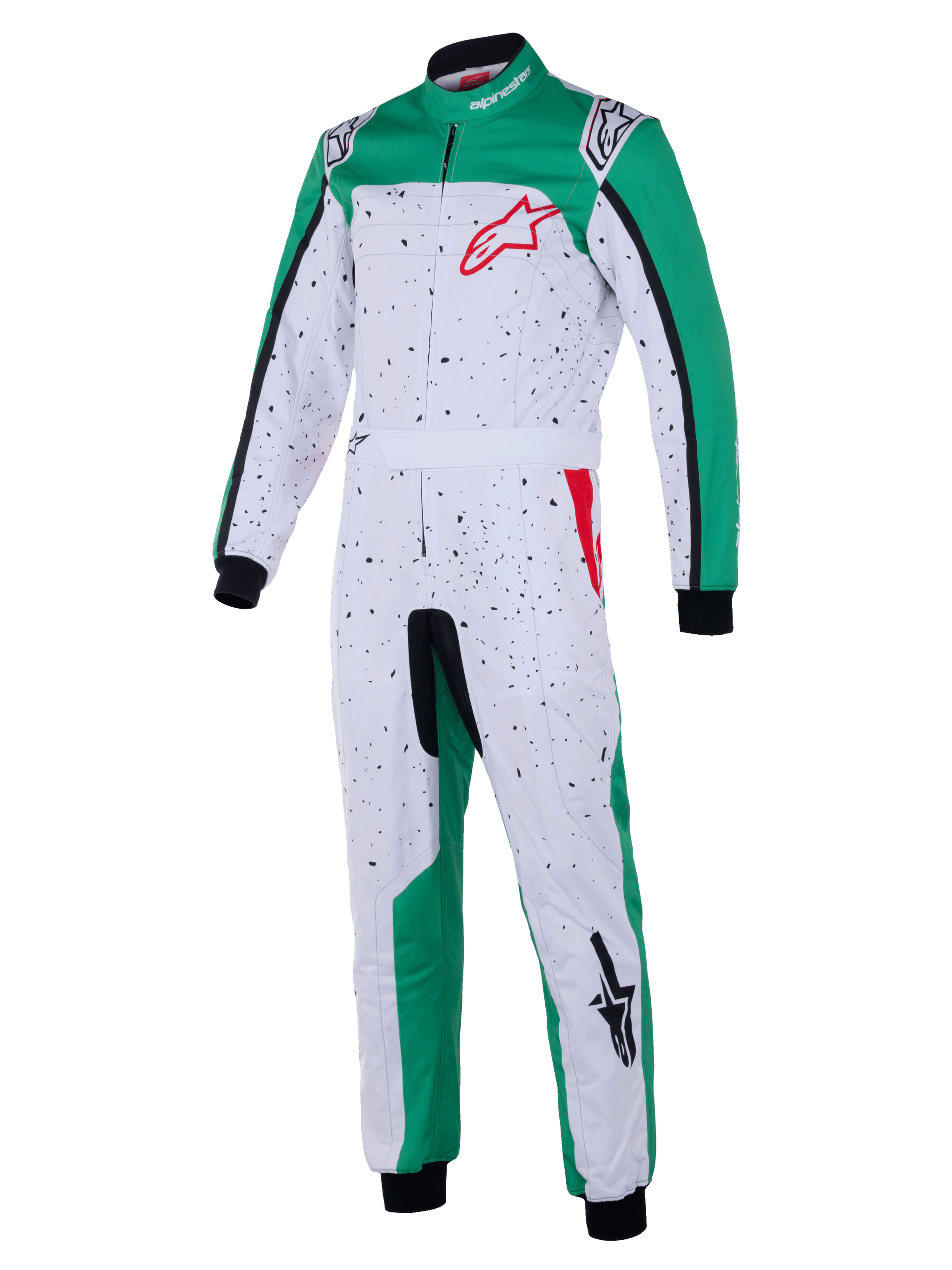 Tuta Alpinestars KMX-9 V3 Graphic 6, tuta da kart, bianco, verde e rosso, corpo bianco con grafica nera a puntini, pannelli laterali verdi sulle gambe e sulle spalle, logo Alpinestars rosso sul petto, polsini e caviglie neri