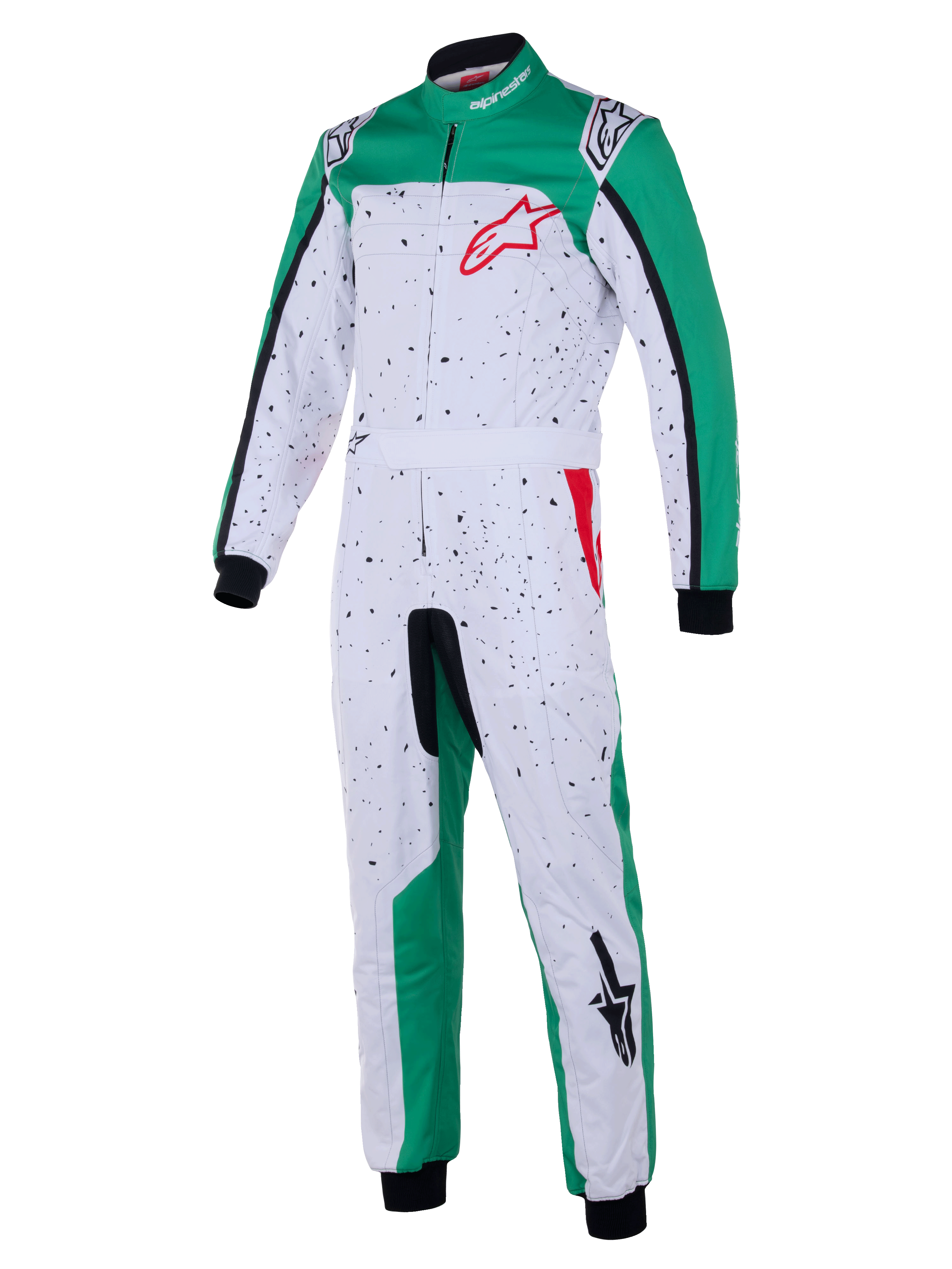 Tuta Alpinestars KMX-9 V3 Graphic 6, tuta da kart, bianco, verde e rosso, corpo bianco con grafica nera a puntini, pannelli laterali verdi sulle gambe e sulle spalle, logo Alpinestars rosso sul petto, polsini e caviglie neri