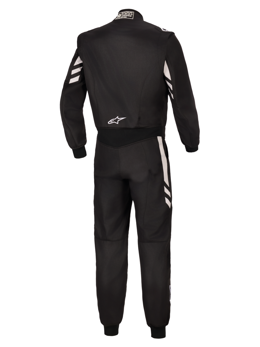 Alpinestars Tuta GP Race V3 FIA, vista posteriore di una tuta da corsa intera nera con dettagli argento su maniche e gambe, con logo Alpinestars bianco sulla parte bassa della schiena, abbigliamento professionale da motorsport certificato FIA