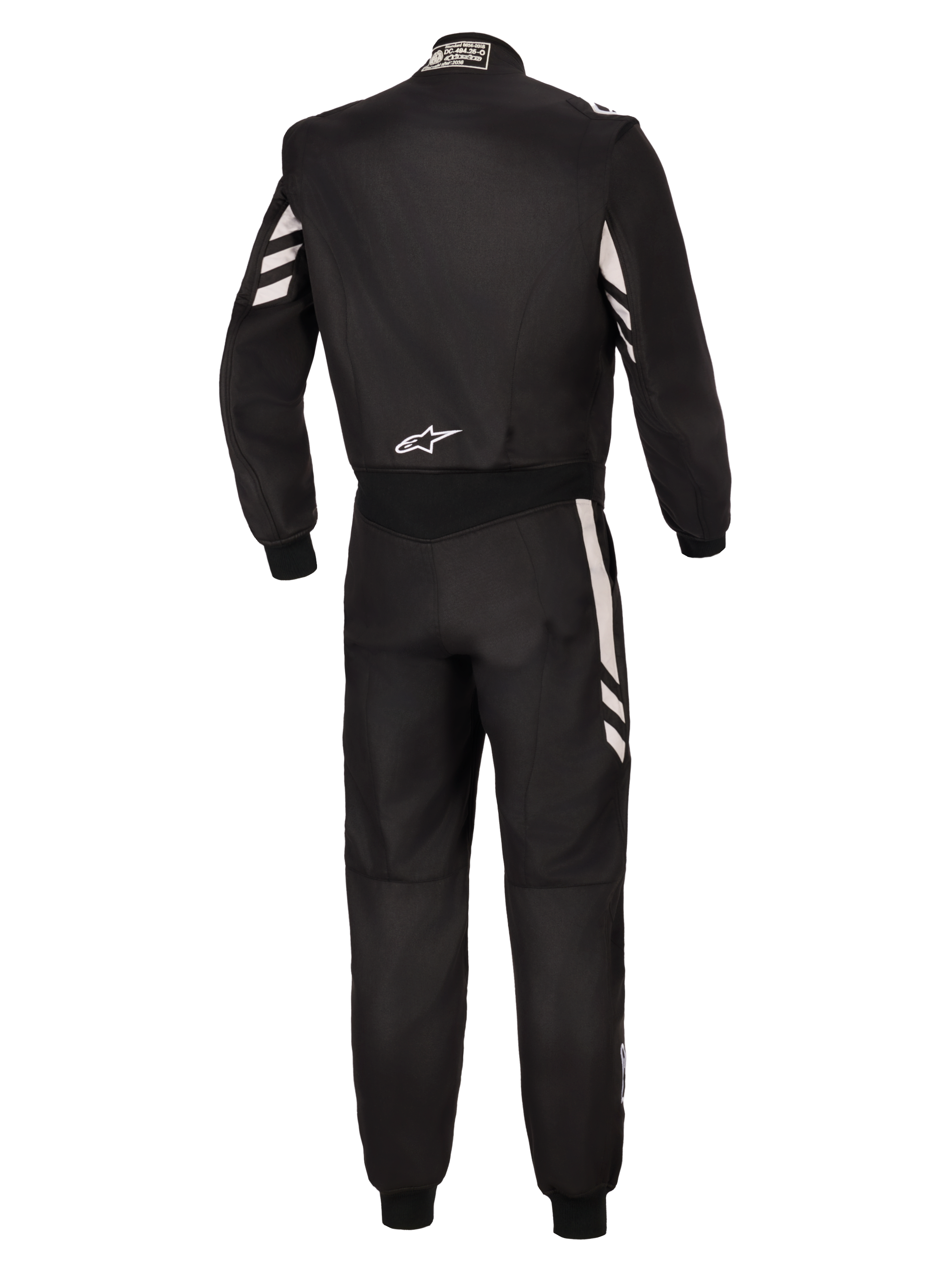 Alpinestars Tuta GP Race V3 FIA, vista posteriore di una tuta da corsa intera nera con dettagli argento su maniche e gambe, con logo Alpinestars bianco sulla parte bassa della schiena, abbigliamento professionale da motorsport certificato FIA