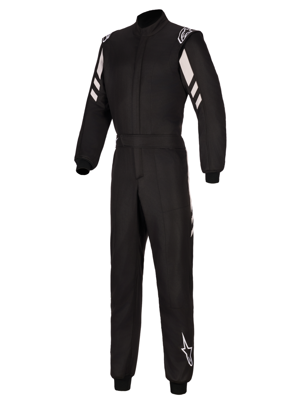 Alpinestars GP Race V3 Suit FIA, tuta da auto, nero e argento, con costruzione a due strati, strisce diagonali bianche sulle braccia, loghi Alpinestars sulle spalle e sulla parte inferiore della gamba, polsini a coste e vita con cintura