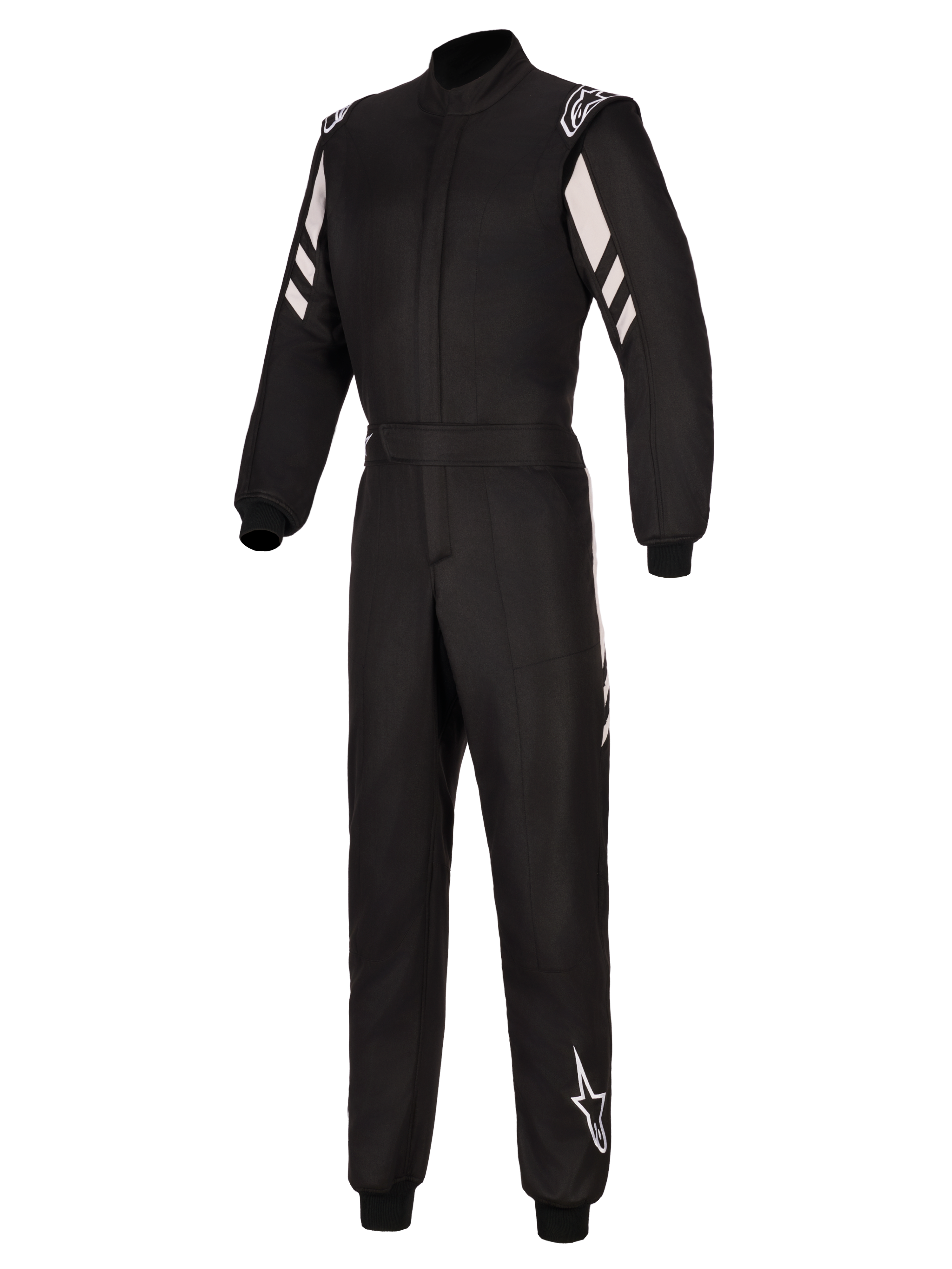 Alpinestars GP Race V3 Suit FIA, tuta da auto, nero e argento, con costruzione a due strati, strisce diagonali bianche sulle braccia, loghi Alpinestars sulle spalle e sulla parte inferiore della gamba, polsini a coste e vita con cintura