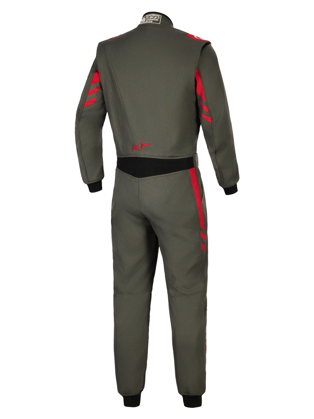 Tuta Alpinestars GP Race V3 FIA, tuta per automobilismo, antracite rosso, vista posteriore in tessuto grigio scuro con accenti a strisce rosse su spalle e maniche, pannello elasticizzato nero in vita, logo a stella rosso sulla parte bassa della schiena, protezione professionale per il motorsport
