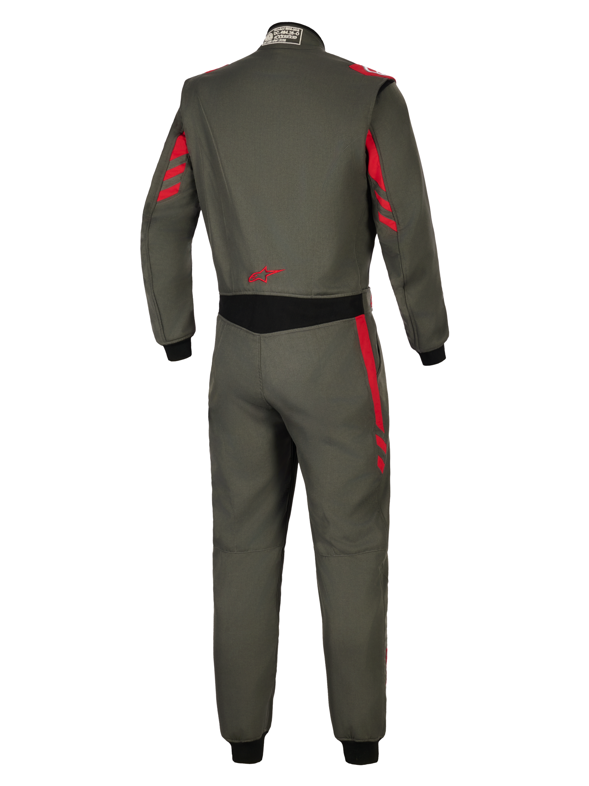 Tuta Alpinestars GP Race V3 FIA, tuta per automobilismo, antracite rosso, vista posteriore in tessuto grigio scuro con accenti a strisce rosse su spalle e maniche, pannello elasticizzato nero in vita, logo a stella rosso sulla parte bassa della schiena, protezione professionale per il motorsport