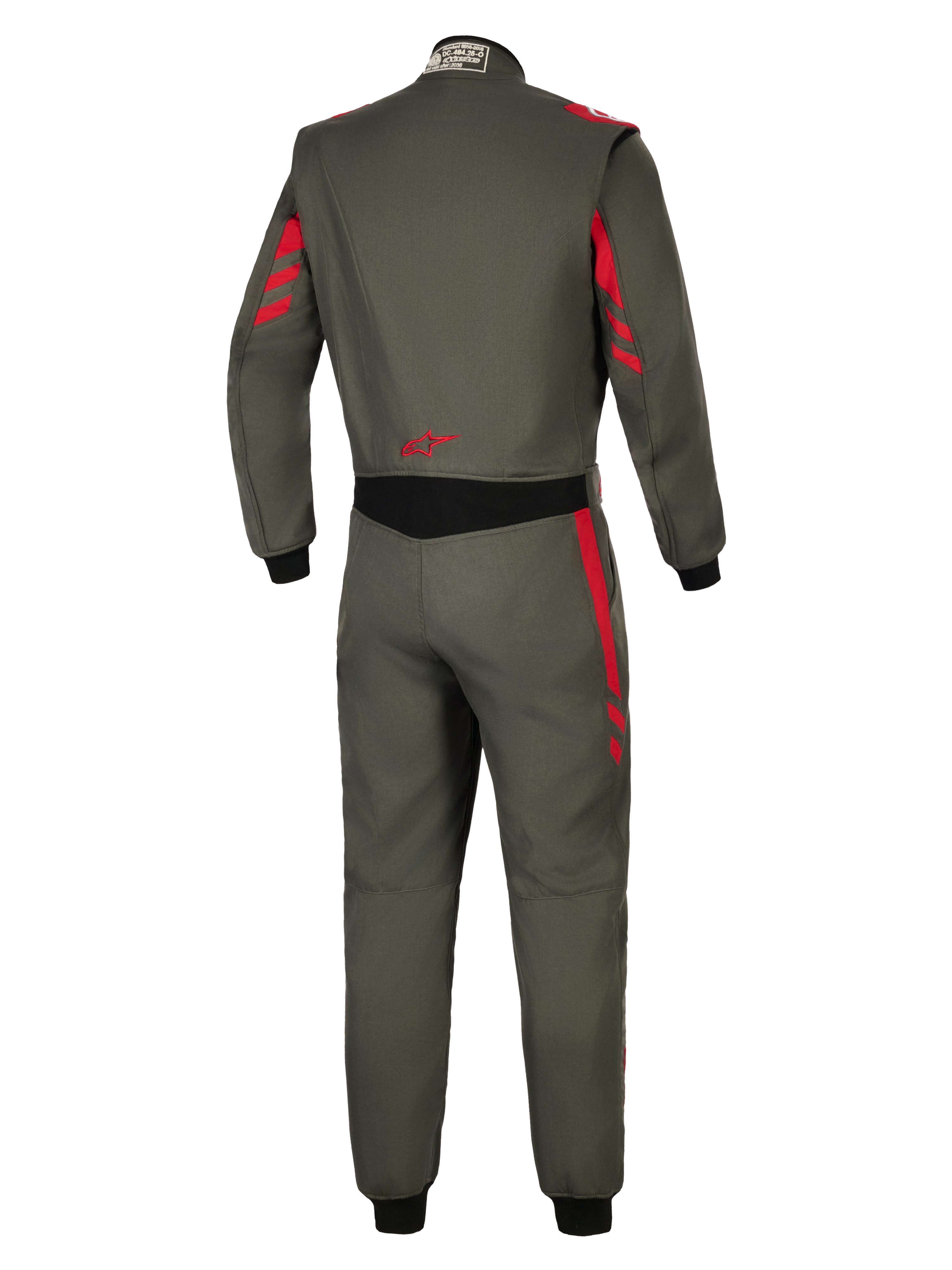 Tuta Alpinestars GP Race V3 FIA, tuta per automobilismo, antracite rosso, vista posteriore in tessuto grigio scuro con accenti a strisce rosse su spalle e maniche, pannello elasticizzato nero in vita, logo a stella rosso sulla parte bassa della schiena, protezione professionale per il motorsport