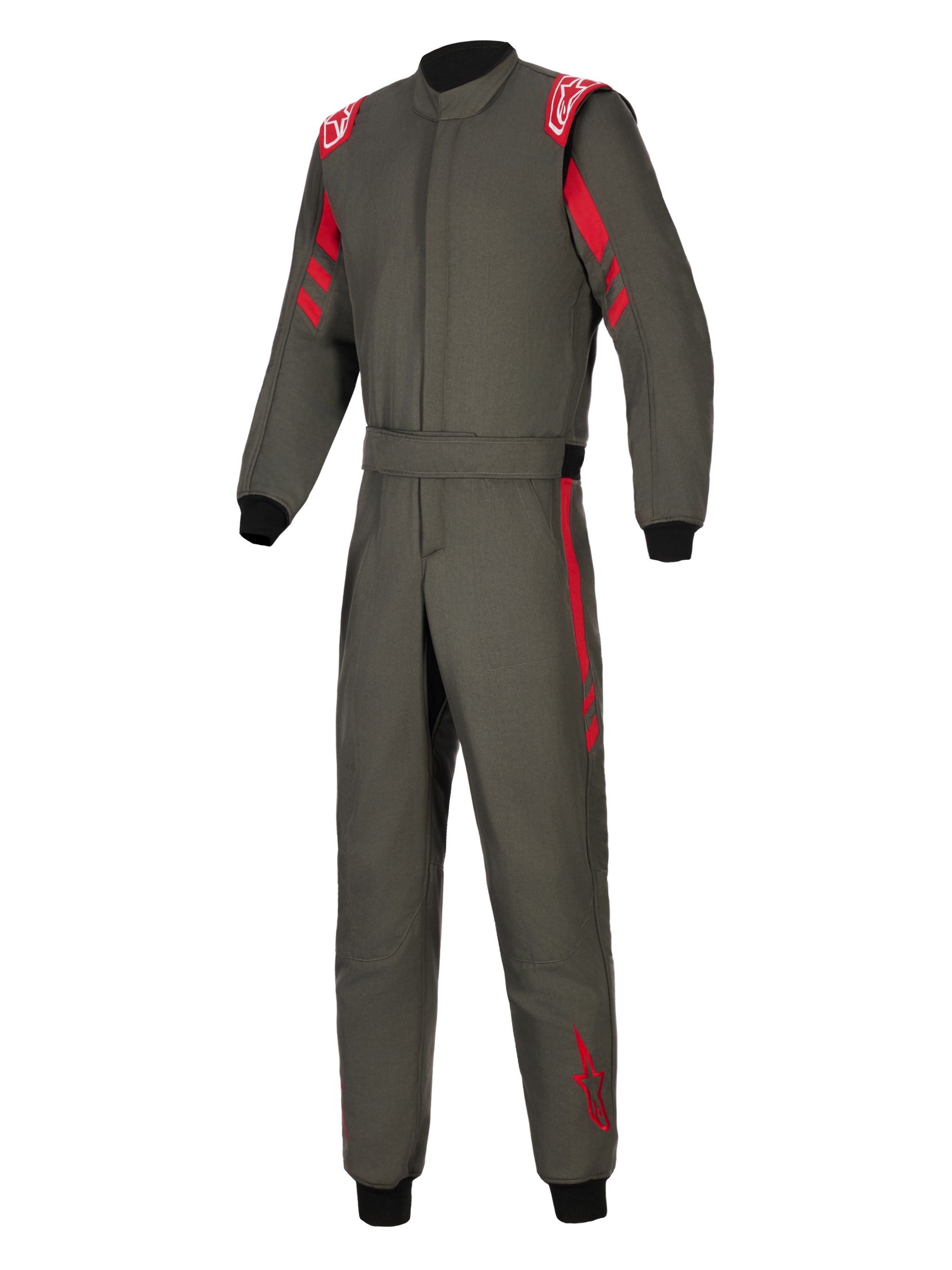 Alpinestars Tuta GP Race V3 FIA, tuta da corsa auto, antracite con accenti rossi, spalline rosse, strisce rosse su maniche e gambe, polsini a coste neri e vita con cintura regolabile, abbigliamento professionale per motorsport
