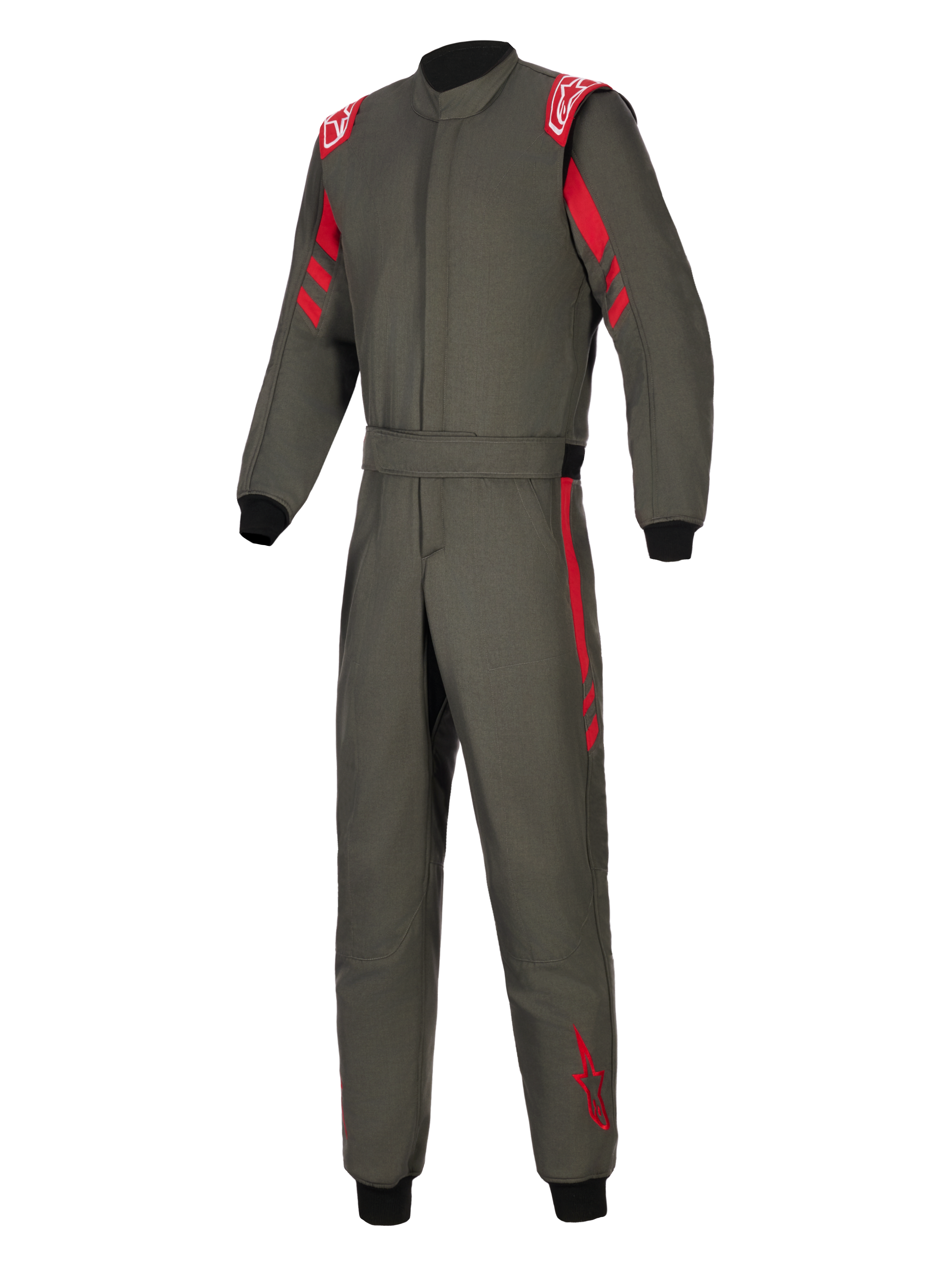 Alpinestars Tuta GP Race V3 FIA, tuta da corsa auto, antracite con accenti rossi, spalline rosse, strisce rosse su maniche e gambe, polsini a coste neri e vita con cintura regolabile, abbigliamento professionale per motorsport