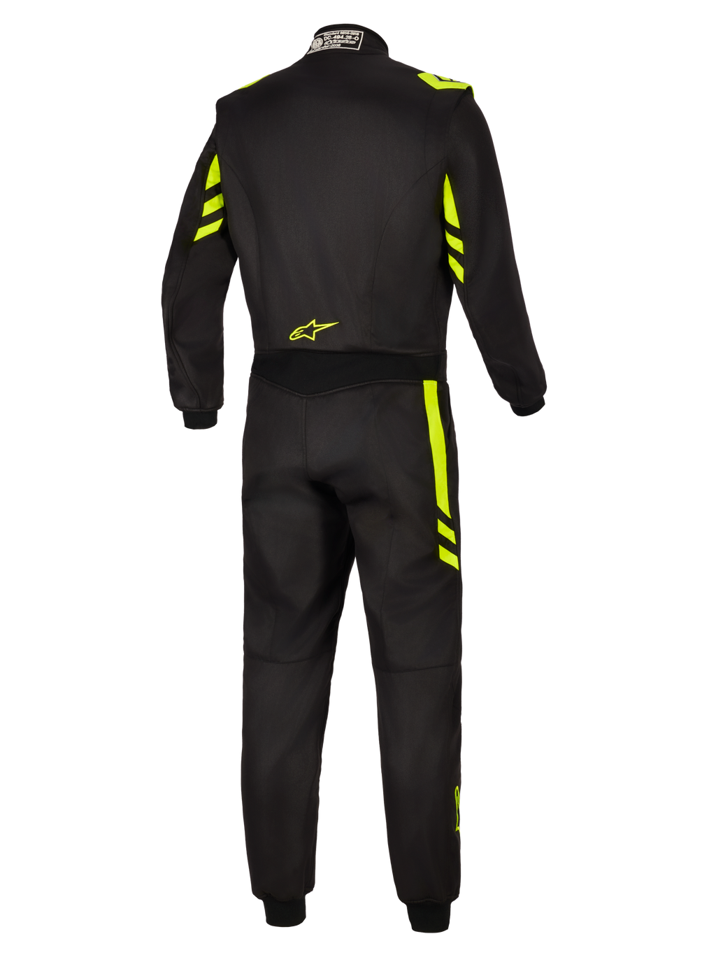Alpinestars Tuta GP Race V3 FIA, tuta da auto, nero e giallo fluo, vista posteriore con accenti giallo fluorescente su spalle e gambe, piccolo logo giallo sulla parte bassa della schiena, etichetta di certificazione FIA sul colletto