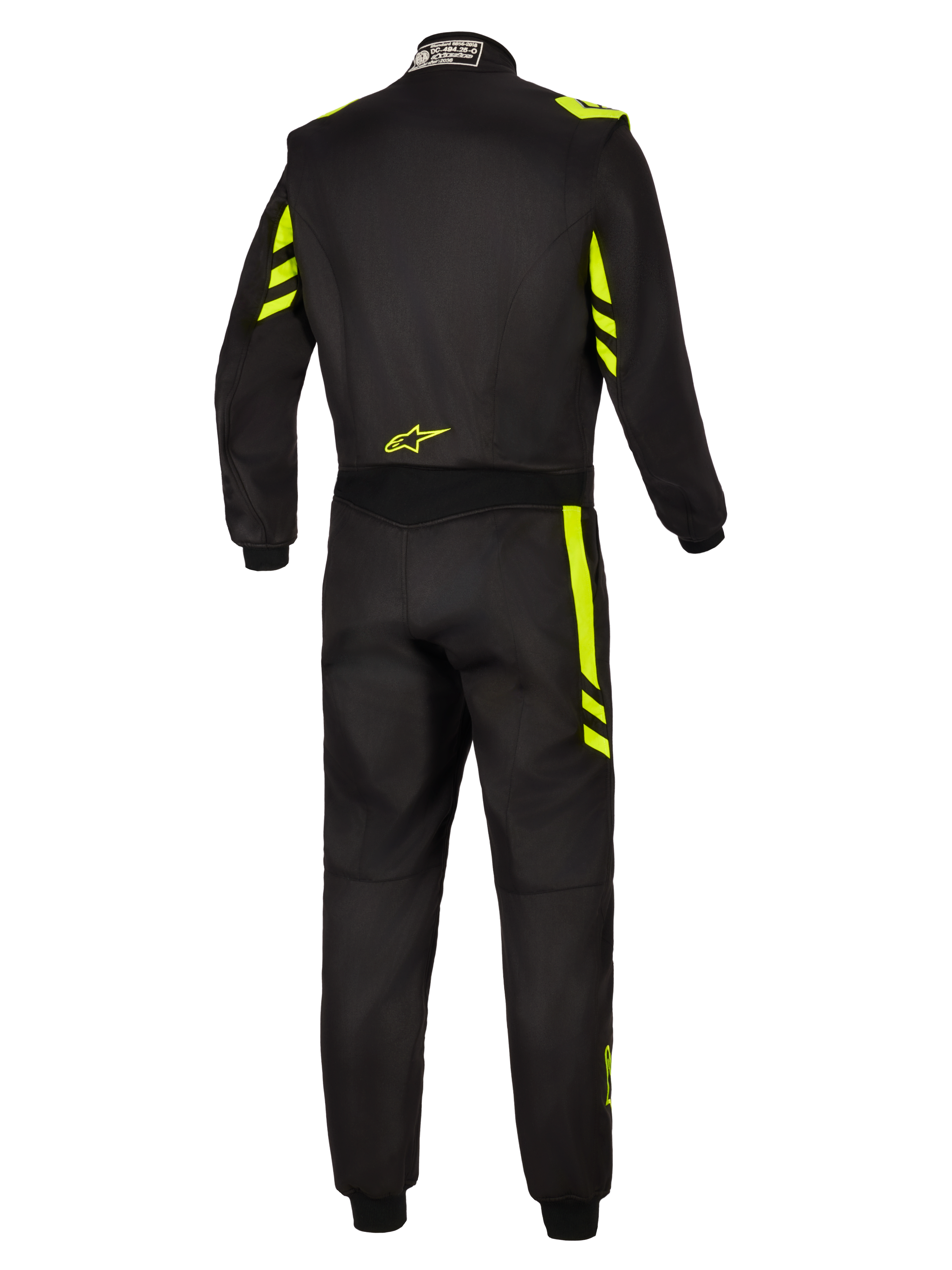 Alpinestars Tuta GP Race V3 FIA, tuta da auto, nero e giallo fluo, vista posteriore con accenti giallo fluorescente su spalle e gambe, piccolo logo giallo sulla parte bassa della schiena, etichetta di certificazione FIA sul colletto