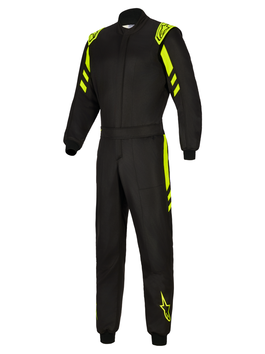 Alpinestars GP Race V3 Suit FIA, tuta da auto, nero e giallo fluo, vista frontale intera con dettagli giallo fluorescente su spalle, braccia e gambe, tuta da corsa professionale ignifuga con logo Alpinestars.