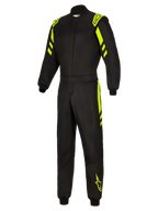 Alpinestars GP Race V3 Suit FIA, tuta da auto, nero e giallo fluo, vista frontale intera con dettagli giallo fluorescente su spalle, braccia e gambe, tuta da corsa professionale ignifuga con logo Alpinestars.