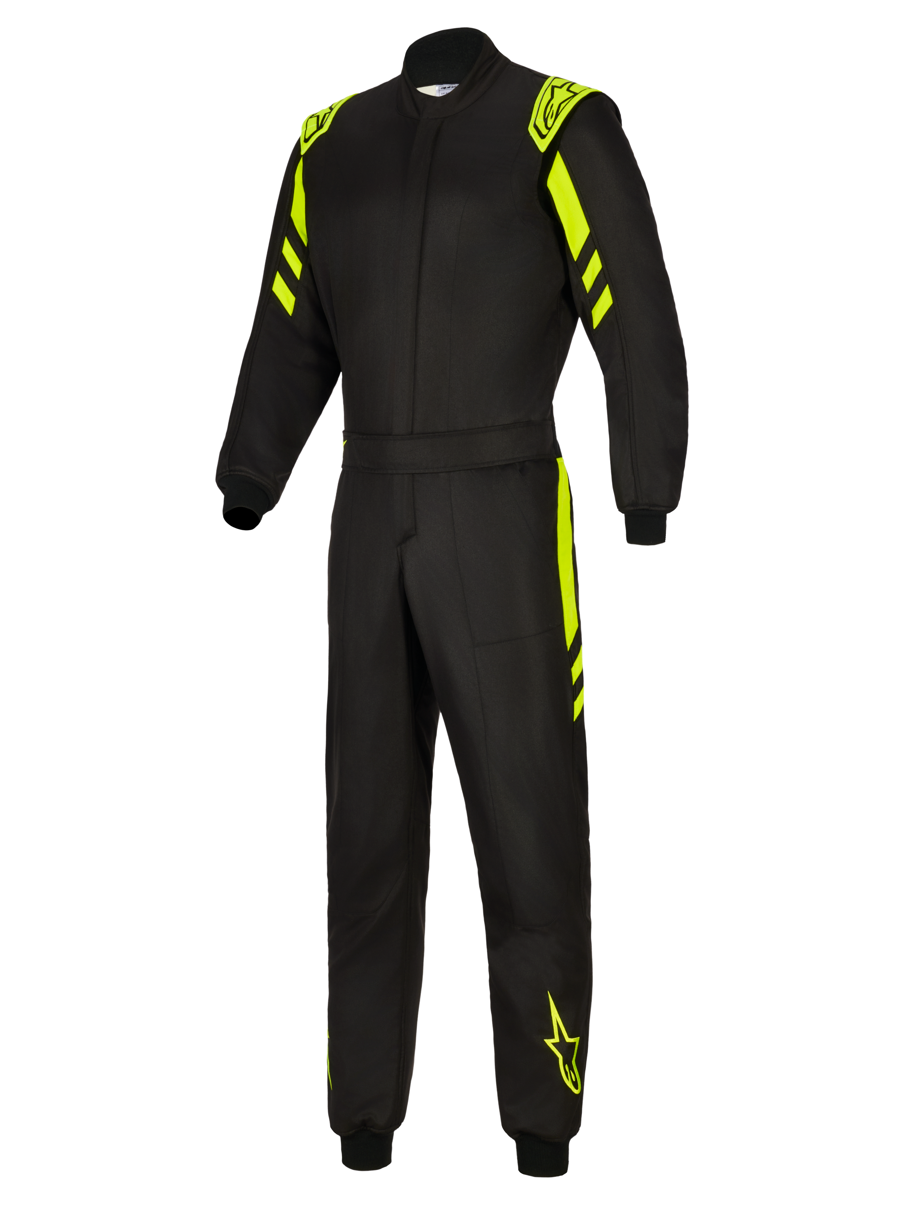 Alpinestars GP Race V3 Suit FIA, tuta da auto, nero e giallo fluo, vista frontale intera con dettagli giallo fluorescente su spalle, braccia e gambe, tuta da corsa professionale ignifuga con logo Alpinestars.