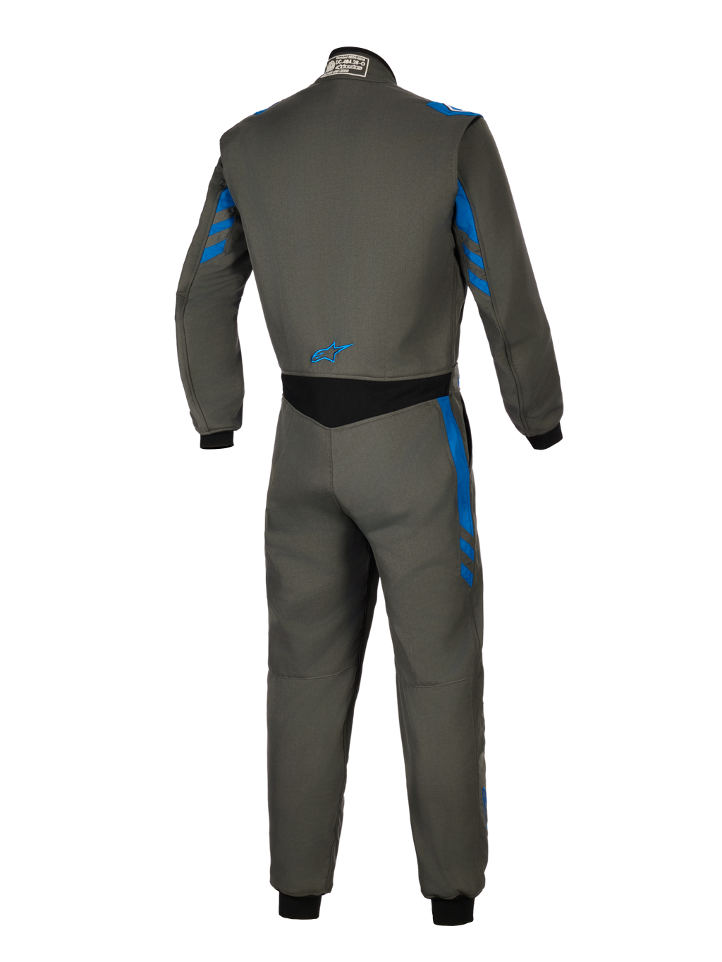 Alpinestars Tuta GP Race V3 FIA, tuta da corsa auto, Anthracite Blue, vista posteriore che mostra la costruzione in tessuto grigio con dettagli a strisce blu, pannello elasticizzato nero sulla parte bassa della schiena e piccolo logo blu, abbigliamento tecnico professionale per motorsport