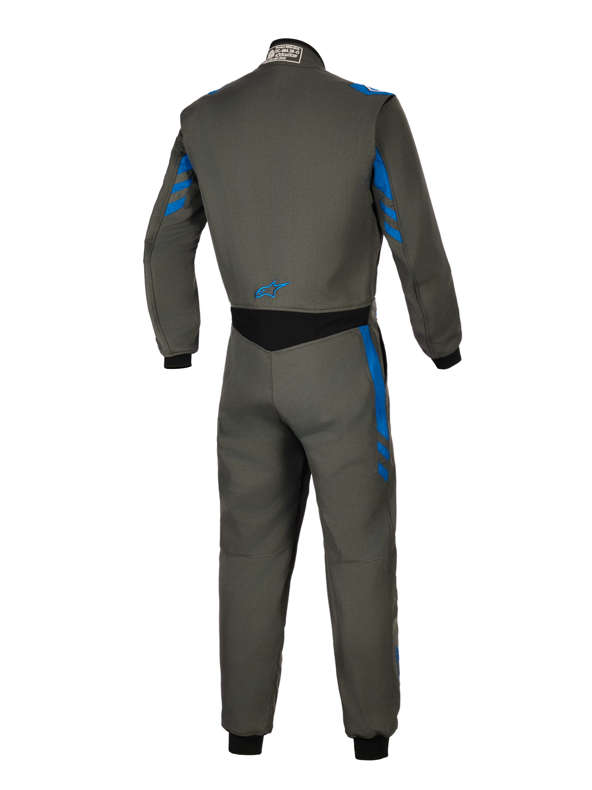 Alpinestars Tuta GP Race V3 FIA, tuta da corsa auto, Anthracite Blue, vista posteriore che mostra la costruzione in tessuto grigio con dettagli a strisce blu, pannello elasticizzato nero sulla parte bassa della schiena e piccolo logo blu, abbigliamento tecnico professionale per motorsport