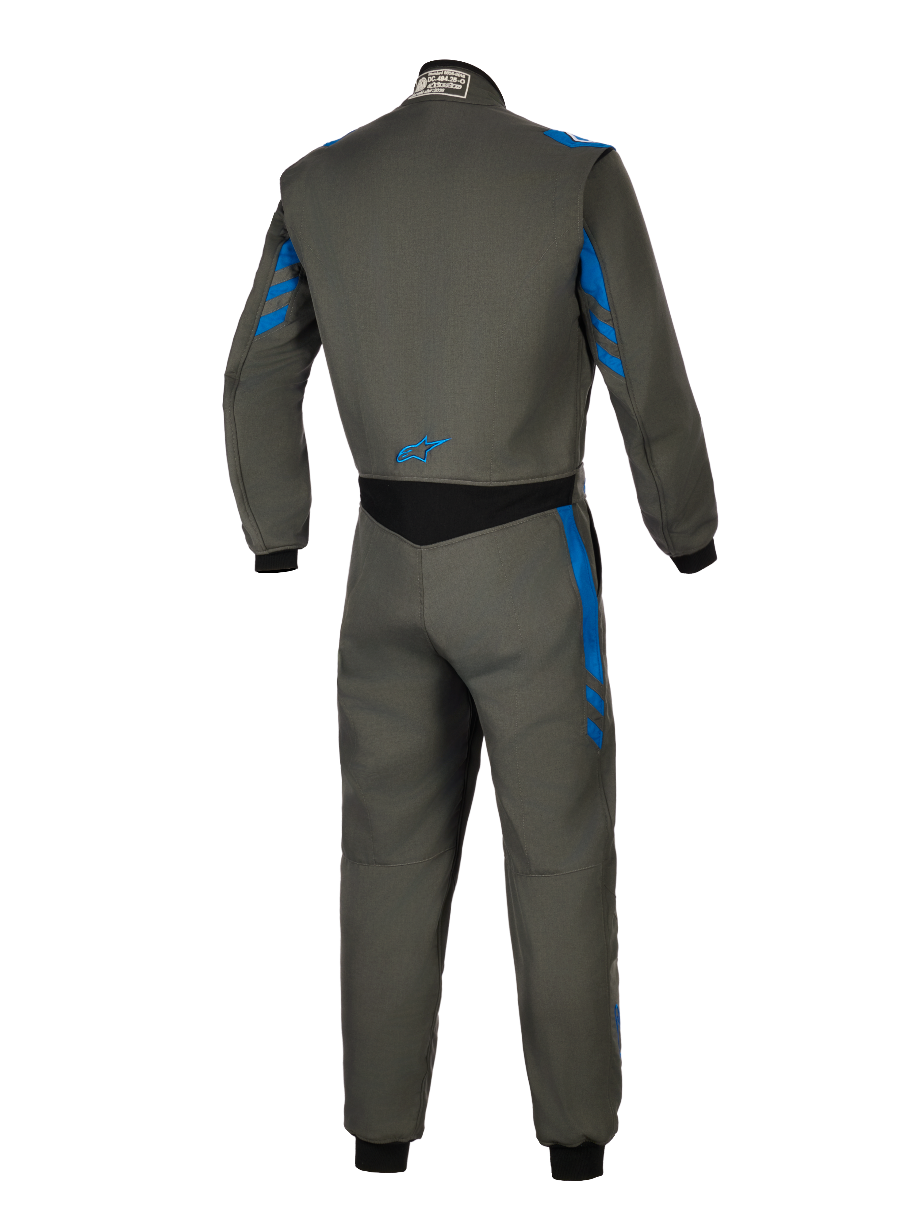 Alpinestars Tuta GP Race V3 FIA, tuta da corsa auto, Anthracite Blue, vista posteriore che mostra la costruzione in tessuto grigio con dettagli a strisce blu, pannello elasticizzato nero sulla parte bassa della schiena e piccolo logo blu, abbigliamento tecnico professionale per motorsport