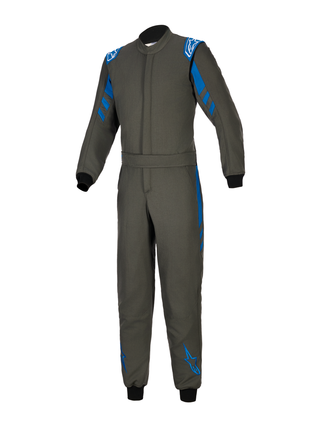 Alpinestars GP Race V3 Suit FIA, tuta da pilota auto blu antracite, design monopezzo in tessuto con accenti blu su spalle e gambe, loghi Alpinestars bianchi, polsini a coste neri, cintura regolabile in vita, equipaggiamento protettivo professionale per motorsport