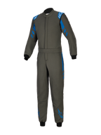 Alpinestars GP Race V3 Suit FIA, tuta da pilota auto blu antracite, design monopezzo in tessuto con accenti blu su spalle e gambe, loghi Alpinestars bianchi, polsini a coste neri, cintura regolabile in vita, equipaggiamento protettivo professionale per motorsport