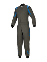 Alpinestars GP Race V3 Suit FIA, tuta da pilota auto blu antracite, design monopezzo in tessuto con accenti blu su spalle e gambe, loghi Alpinestars bianchi, polsini a coste neri, cintura regolabile in vita, equipaggiamento protettivo professionale per motorsport