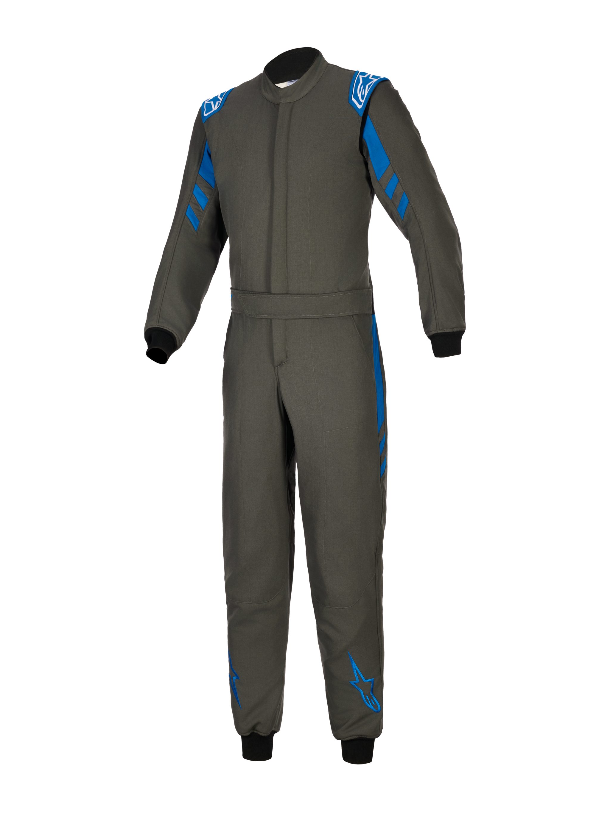 Alpinestars GP Race V3 Suit FIA, tuta da pilota auto blu antracite, design monopezzo in tessuto con accenti blu su spalle e gambe, loghi Alpinestars bianchi, polsini a coste neri, cintura regolabile in vita, equipaggiamento protettivo professionale per motorsport