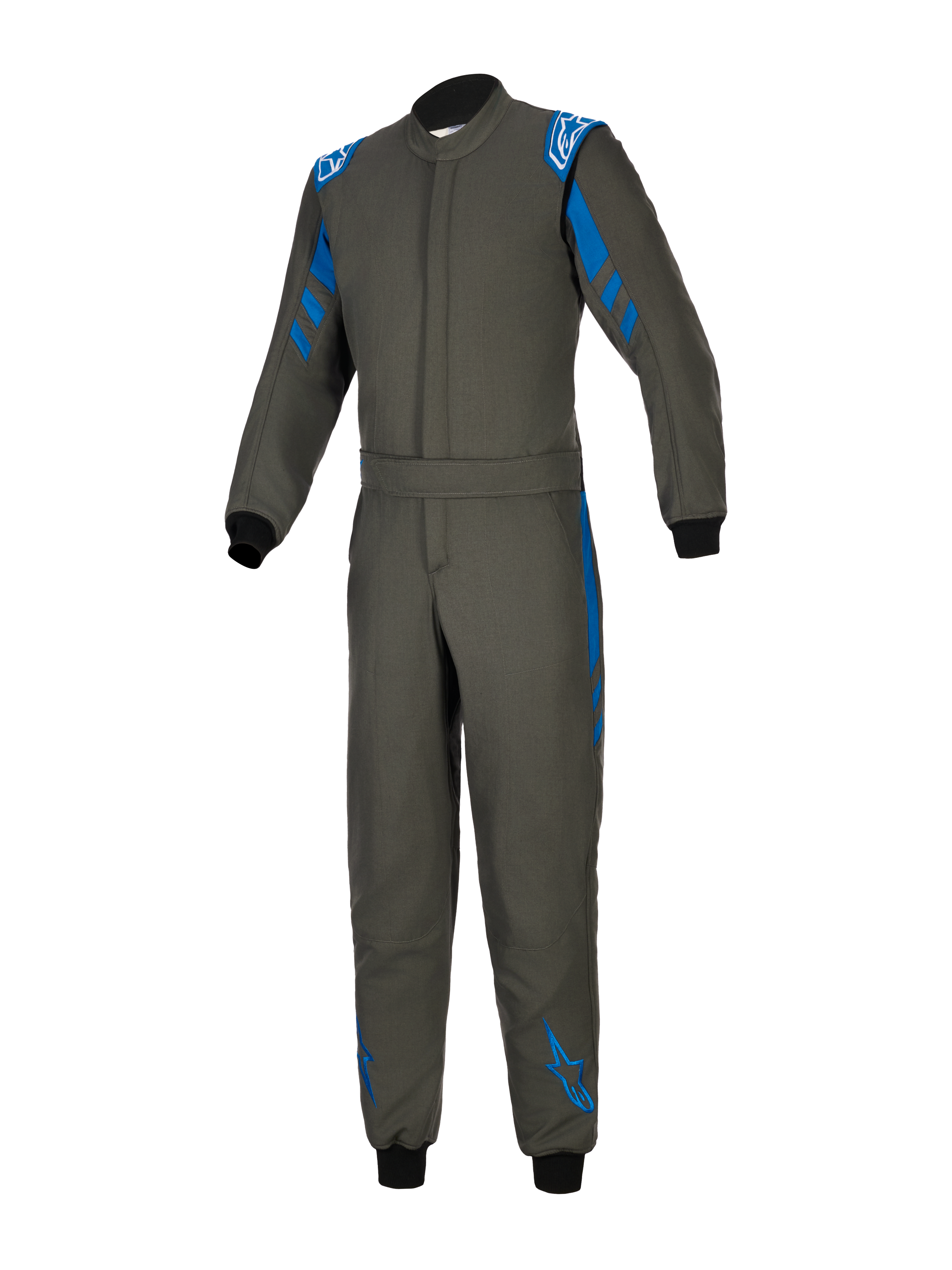 Alpinestars GP Race V3 Suit FIA, tuta da pilota auto blu antracite, design monopezzo in tessuto con accenti blu su spalle e gambe, loghi Alpinestars bianchi, polsini a coste neri, cintura regolabile in vita, equipaggiamento protettivo professionale per motorsport