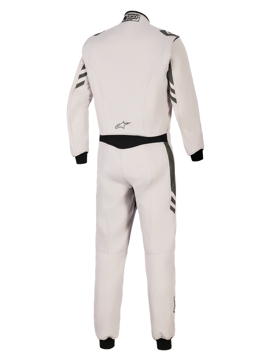 Alpinestars Tuta GP Race V3 FIA, vista posteriore di tuta da auto racing intera argento antracite, corpo grigio chiaro con accenti antracite scuro su maniche e gambe, polsini a coste neri, equipaggiamento protettivo professionale per motorsport
