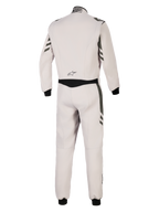 Alpinestars Tuta GP Race V3 FIA, vista posteriore di tuta da auto racing intera argento antracite, corpo grigio chiaro con accenti antracite scuro su maniche e gambe, polsini a coste neri, equipaggiamento protettivo professionale per motorsport