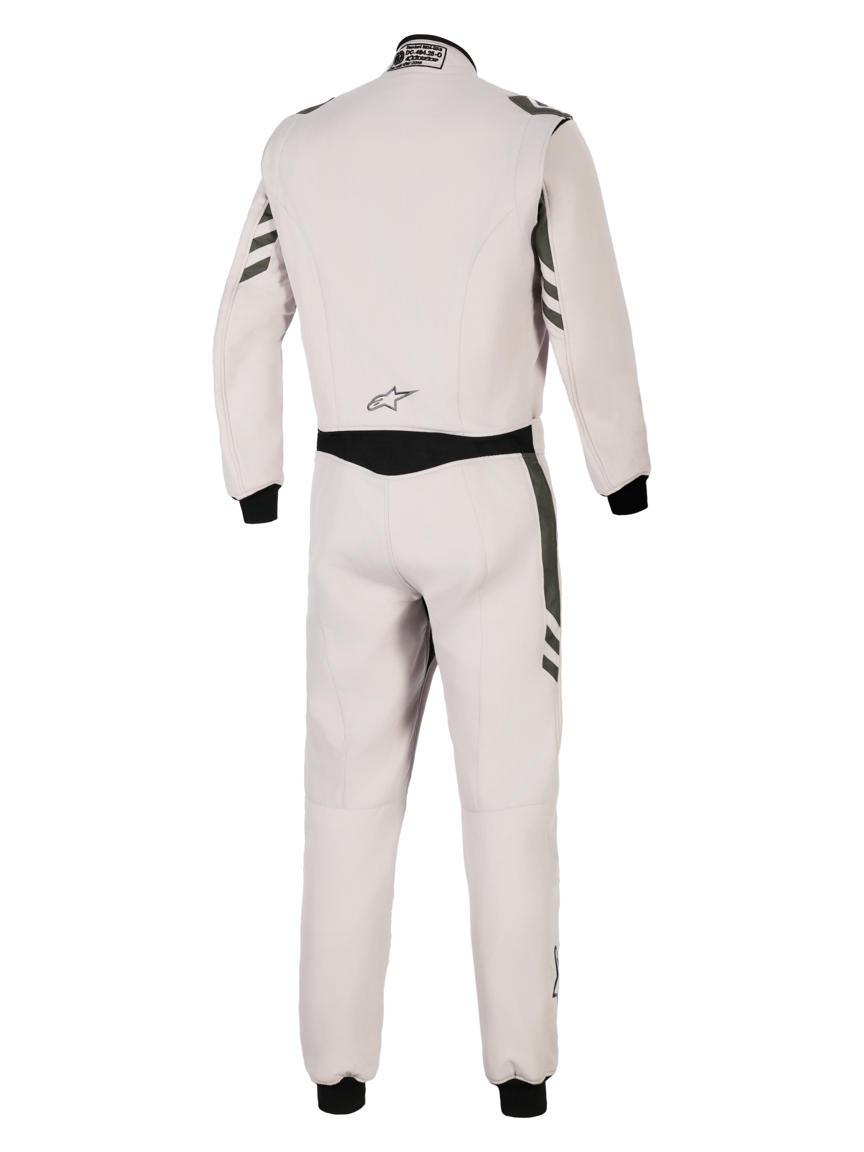 Alpinestars Tuta GP Race V3 FIA, vista posteriore di tuta da auto racing intera argento antracite, corpo grigio chiaro con accenti antracite scuro su maniche e gambe, polsini a coste neri, equipaggiamento protettivo professionale per motorsport