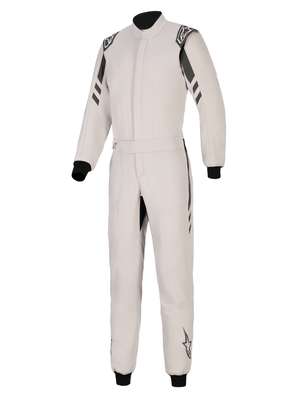 Alpinestars GP Race V3 Suit FIA, tuta da auto racing, Silver Anthracite, design a pezzo unico con dettagli antracite scuro su spalle e gambe, vita con cintura, polsini e caviglie a coste nere, loghi Alpinestars su spalline e gambe